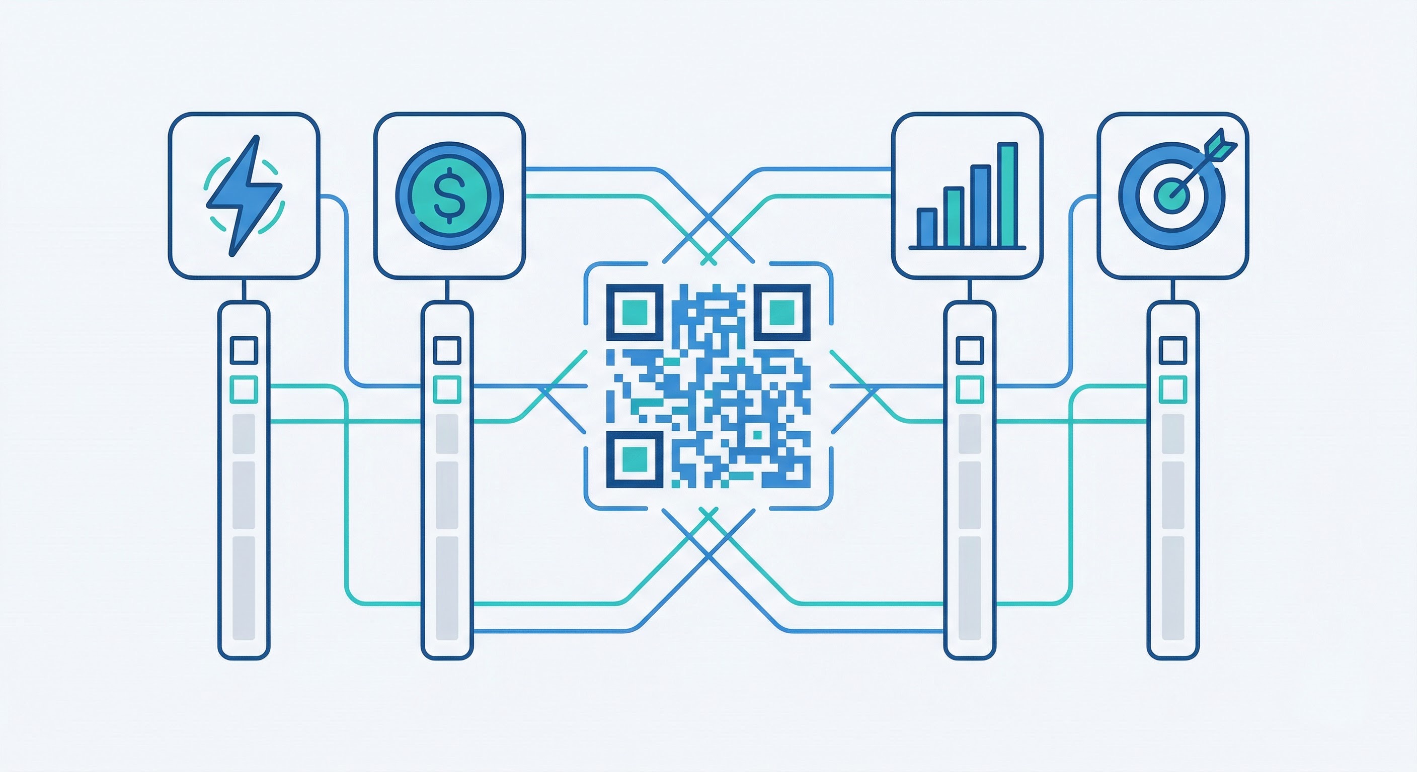Four QR code effectiveness criteria — speed, cost, analytics, and results — illustrated as icons connected to a central stylized QR code