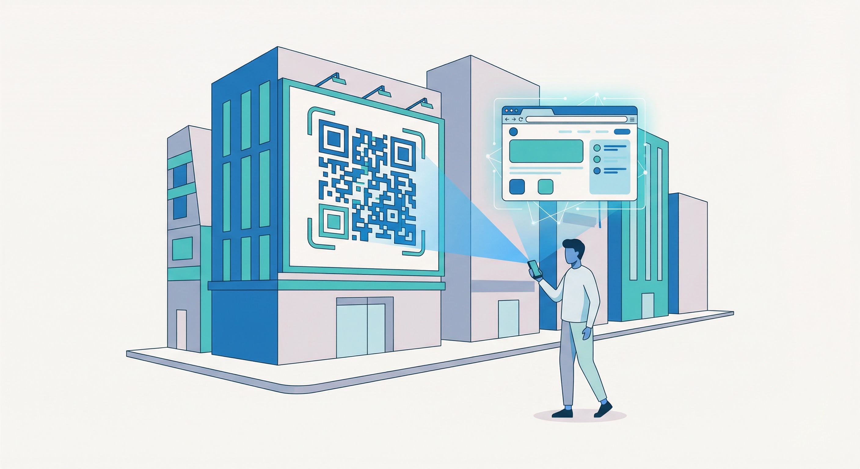 Person scanning a large outdoor building billboard QR code with their smartphone, with a digital webpage appearing above the phone screen