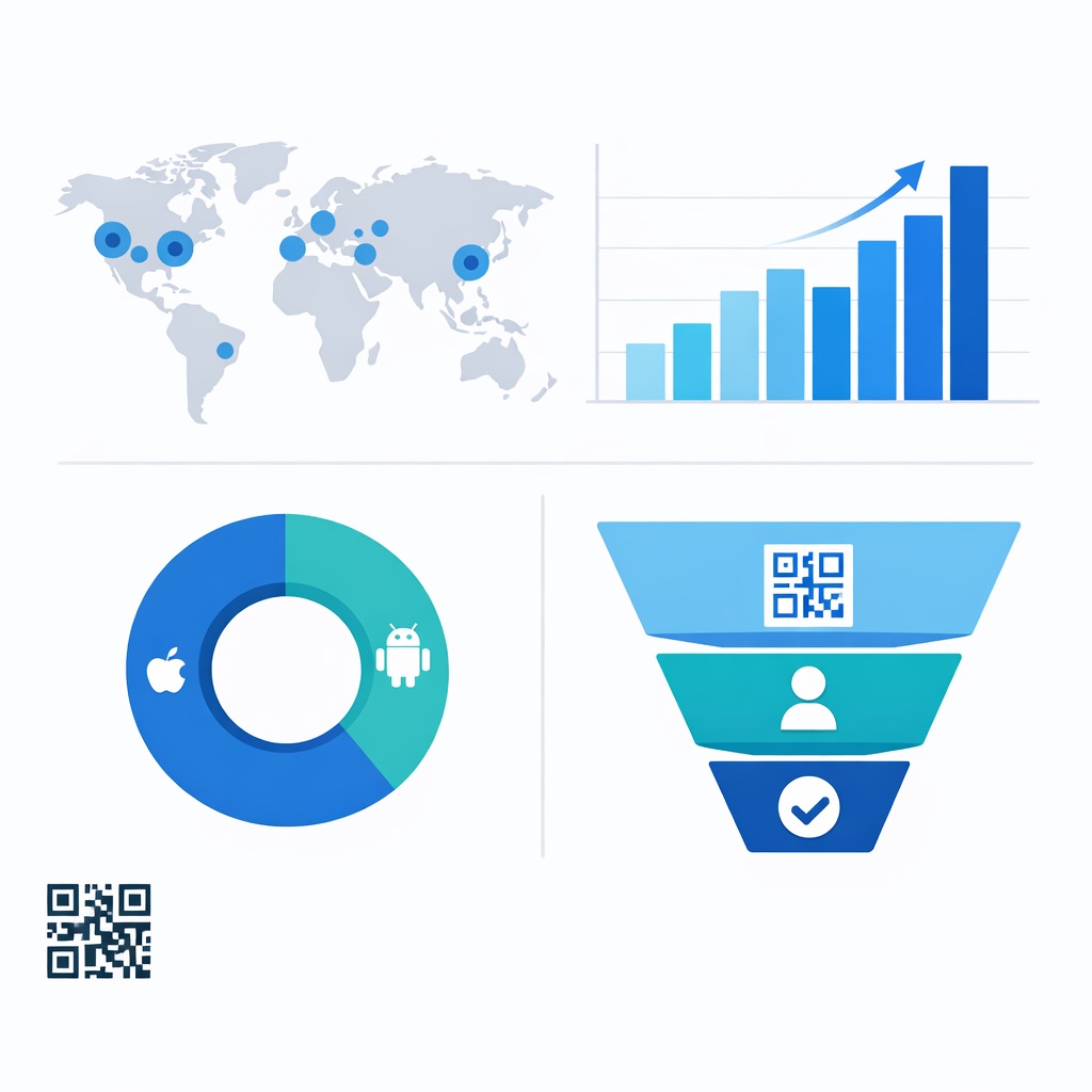 QR code campaign analytics dashboard showing world map with scan hotspots, a bar chart of scan growth over time, iOS vs Android device split, and a lead conversion funnel