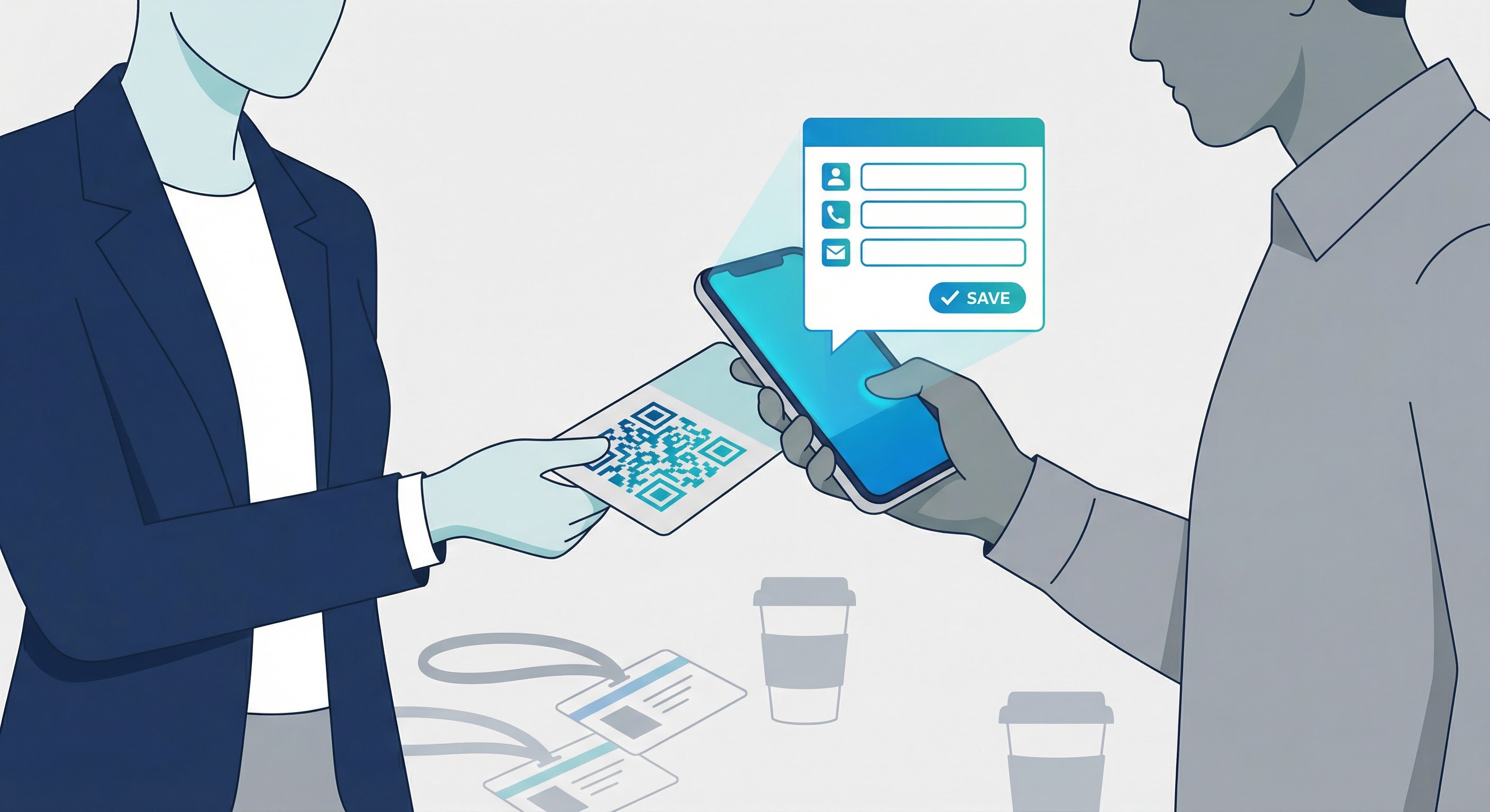 Professional handing a business card with a QR code to a colleague who scans it with a smartphone to save contact details instantly