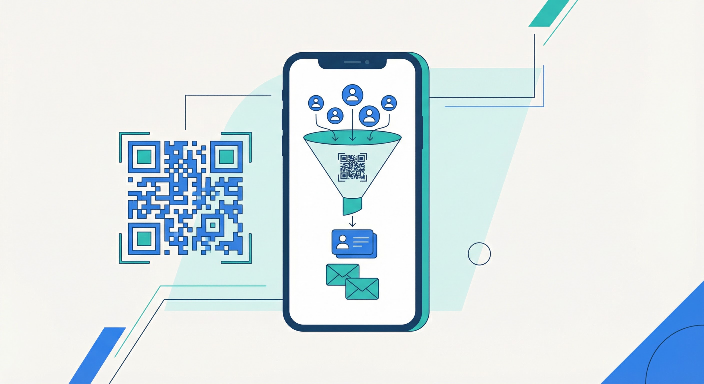 Smartphone showing a QR code lead generation funnel with contact cards and email icons flowing from a lead capture process