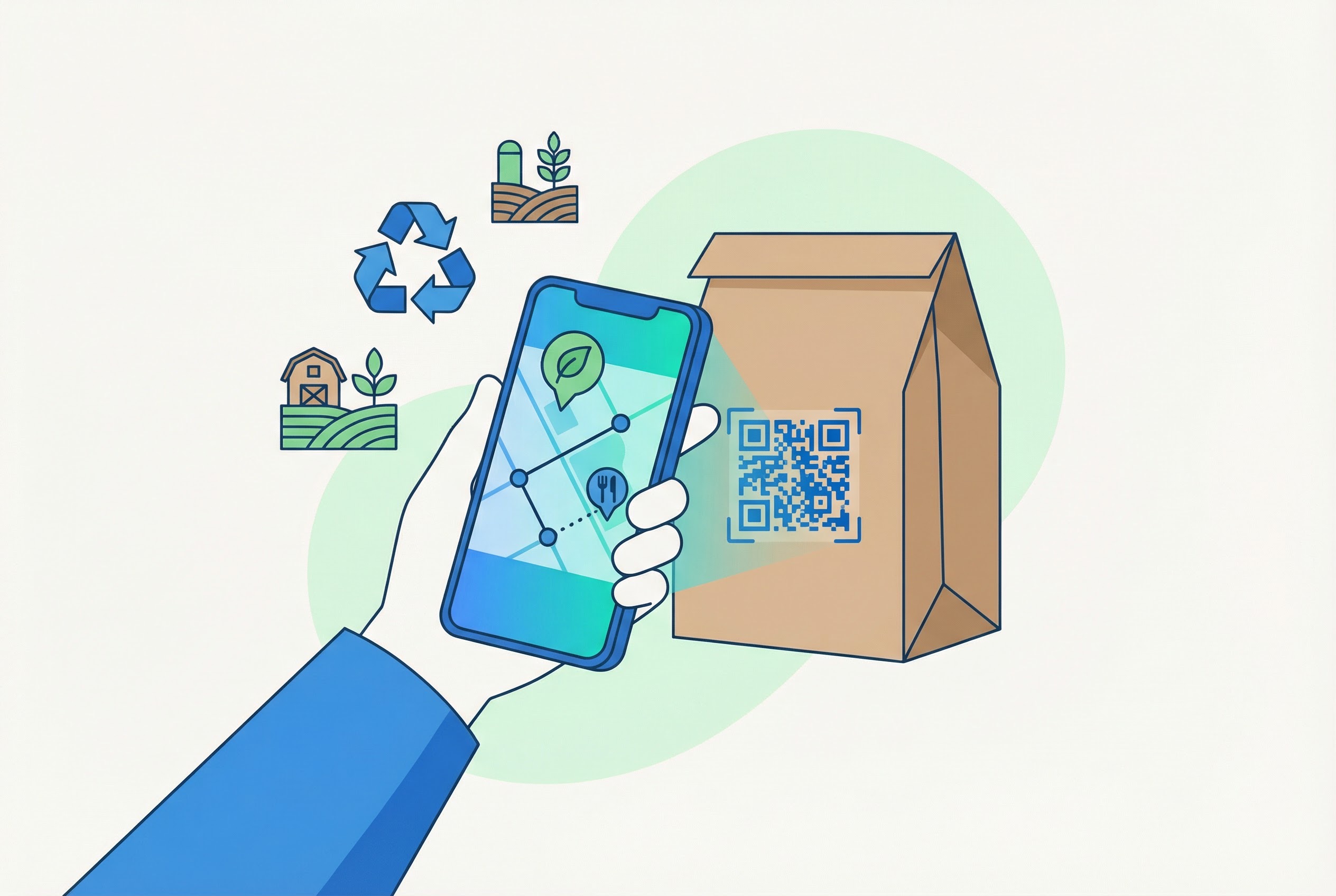 Consumer scanning a QR code on food product packaging with a smartphone showing a supply chain map and sustainability sourcing information on screen
