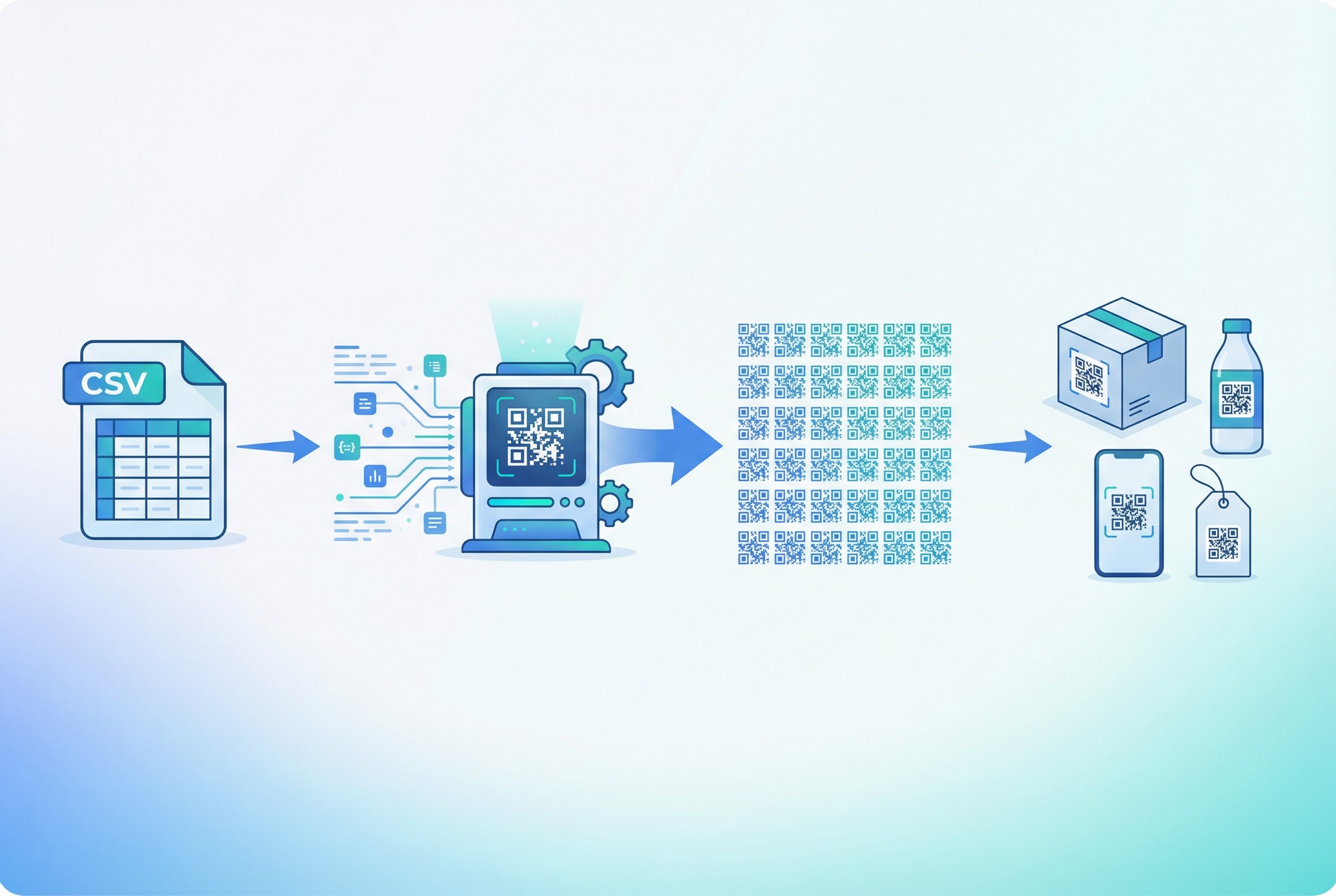 Four-step process flow showing enterprise bulk QR code generation from CSV upload to deployment on product packaging and tags