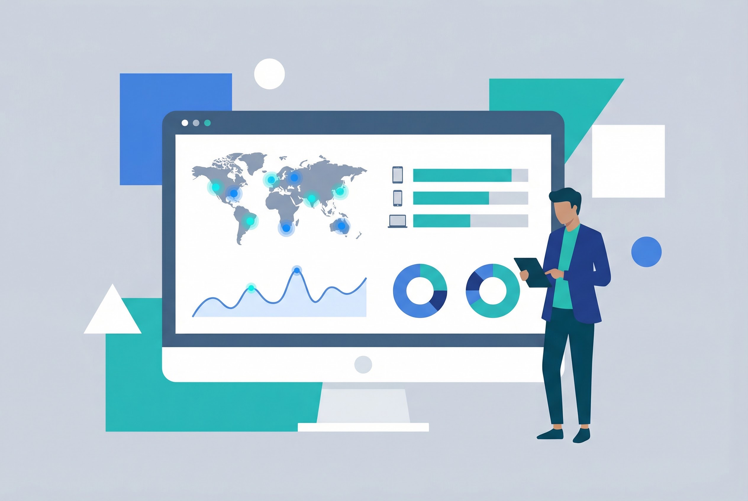 Enterprise QR code analytics dashboard showing scan data by world region, device type, and time with charts and graphs