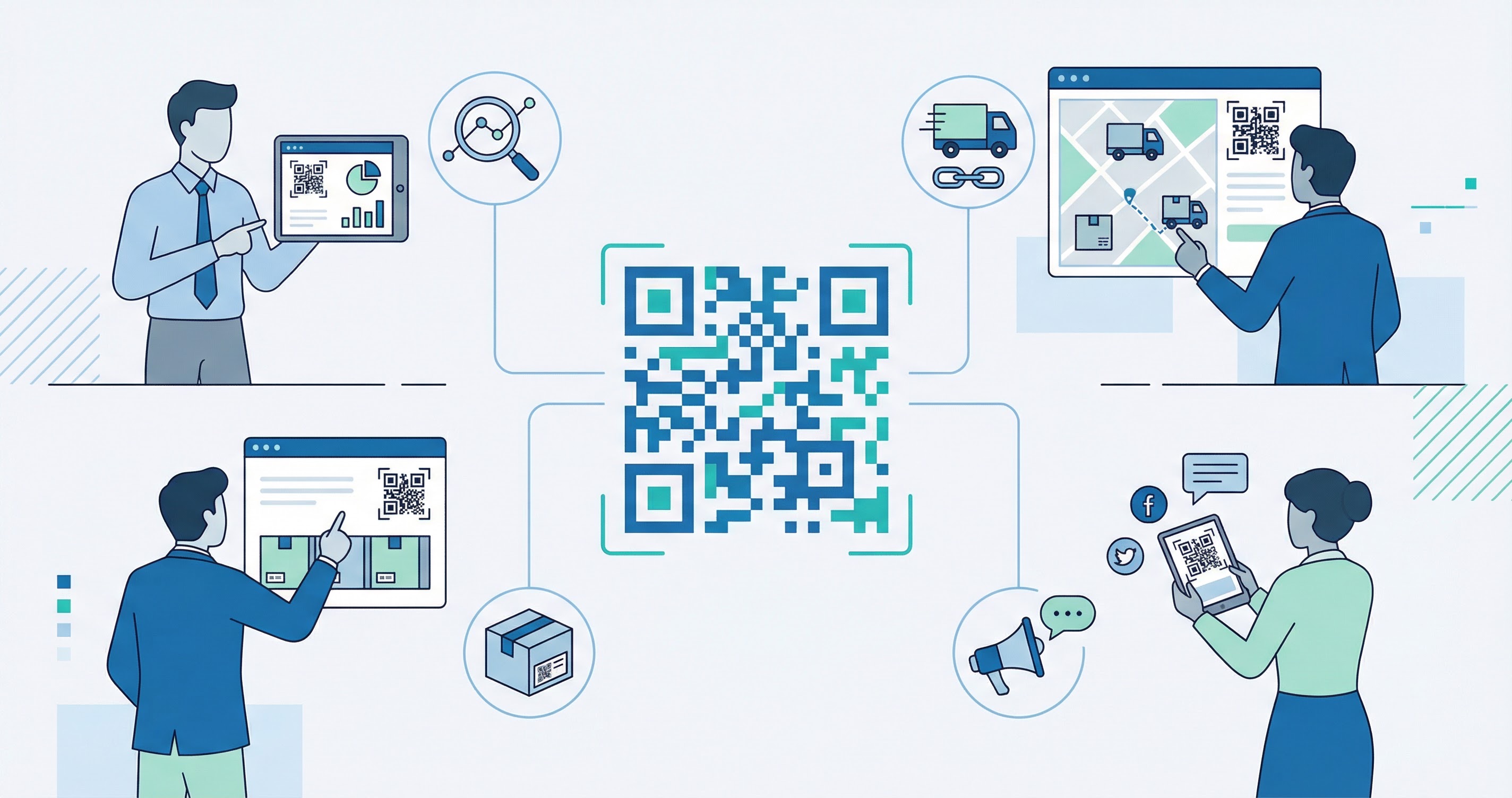 Enterprise teams using QR codes across departments with analytics dashboards and product tracking in a modern office