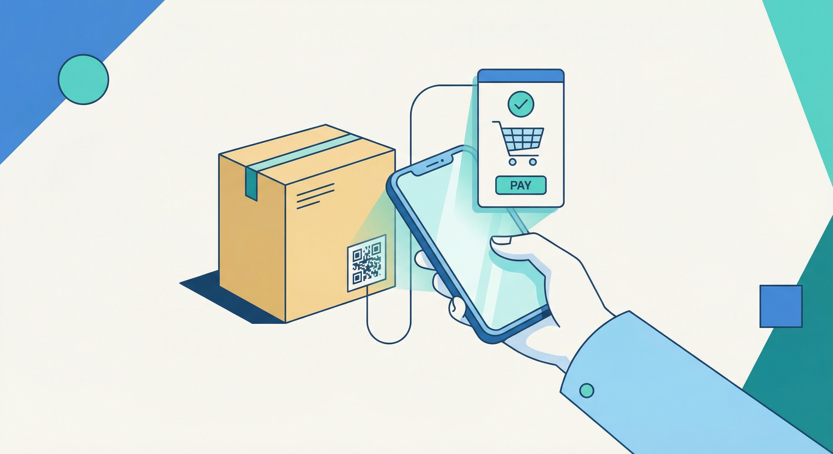 Smartphone camera scanning a product QR code in a retail store with a mobile checkout screen appearing on the display