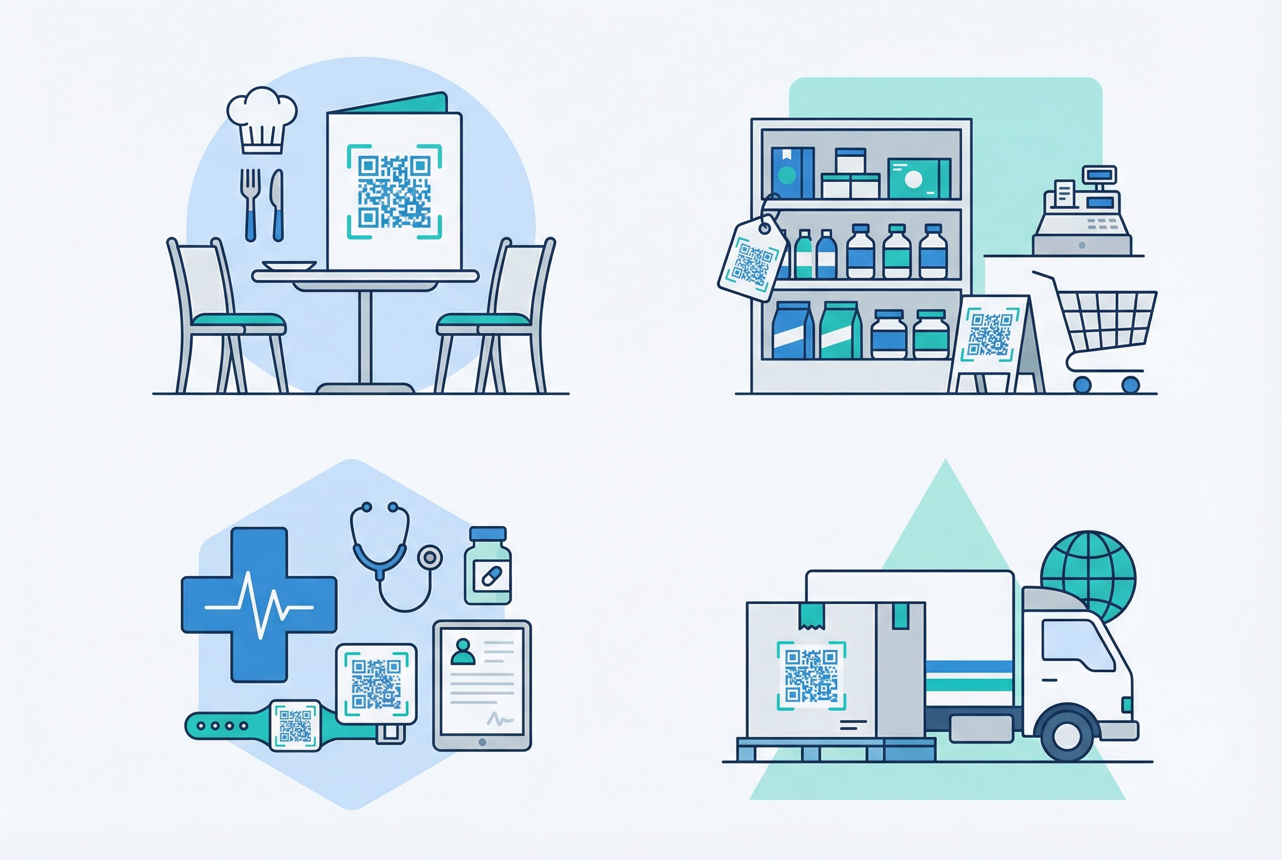 Four industry adoption scenarios showing QR codes in use at a restaurant, retail store, healthcare facility, and on a logistics delivery truck