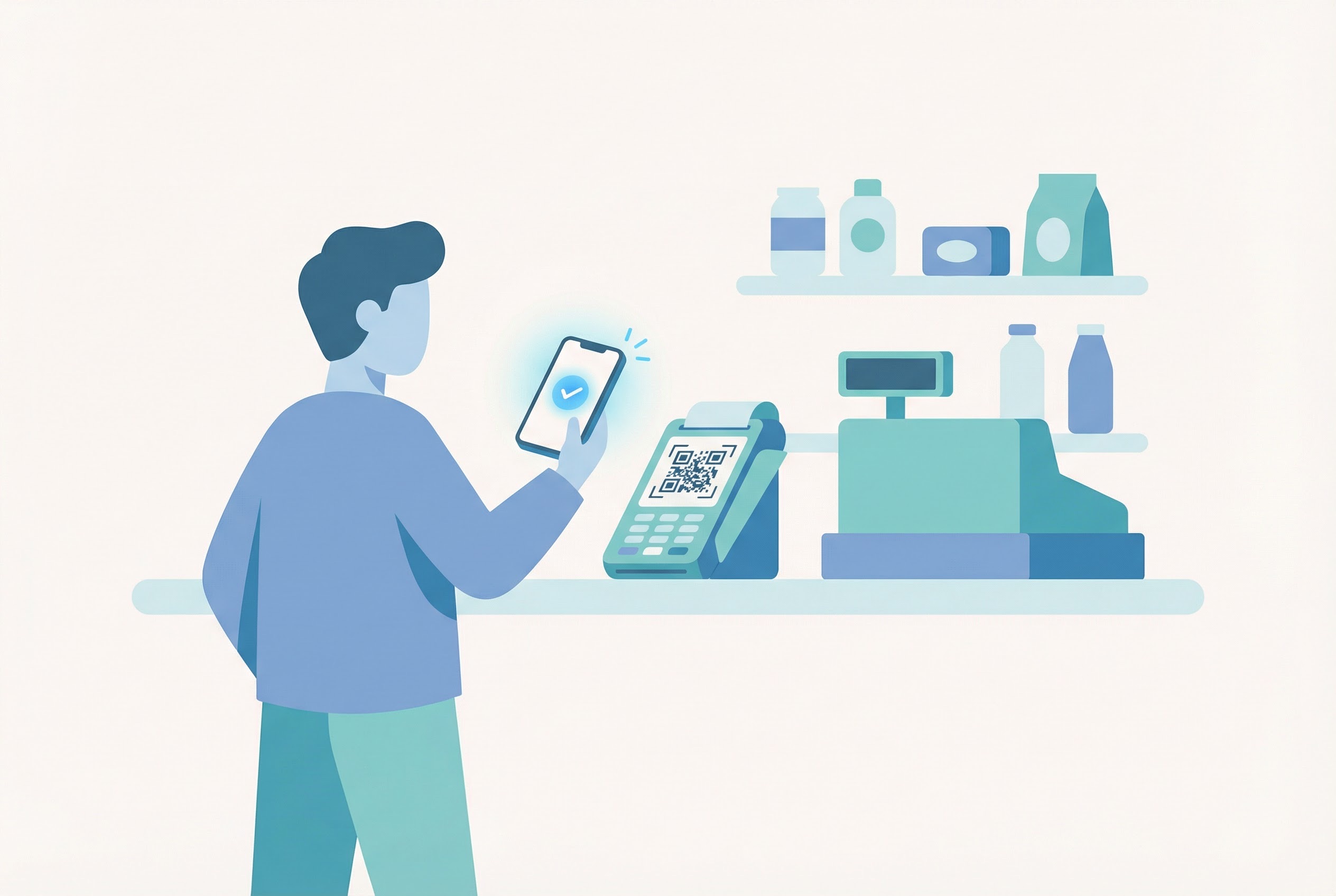 Person scanning a QR code on a retail payment terminal with a payment confirmation checkmark on their smartphone screen