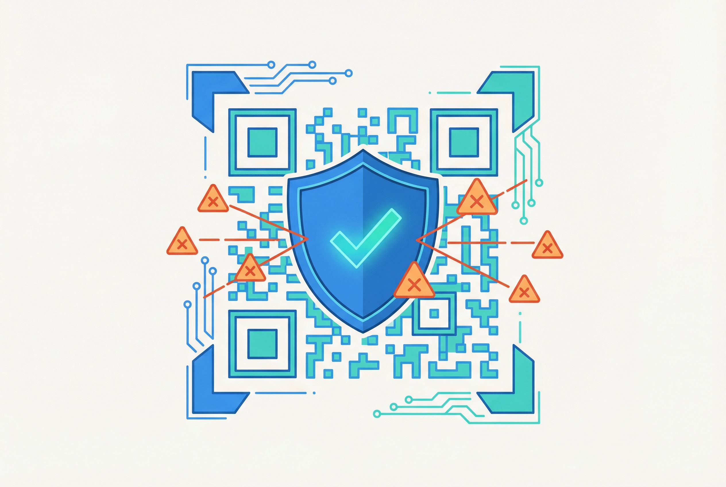 QR code with a blue security shield and teal checkmark at the center, with warning triangles being blocked to represent quishing attack prevention