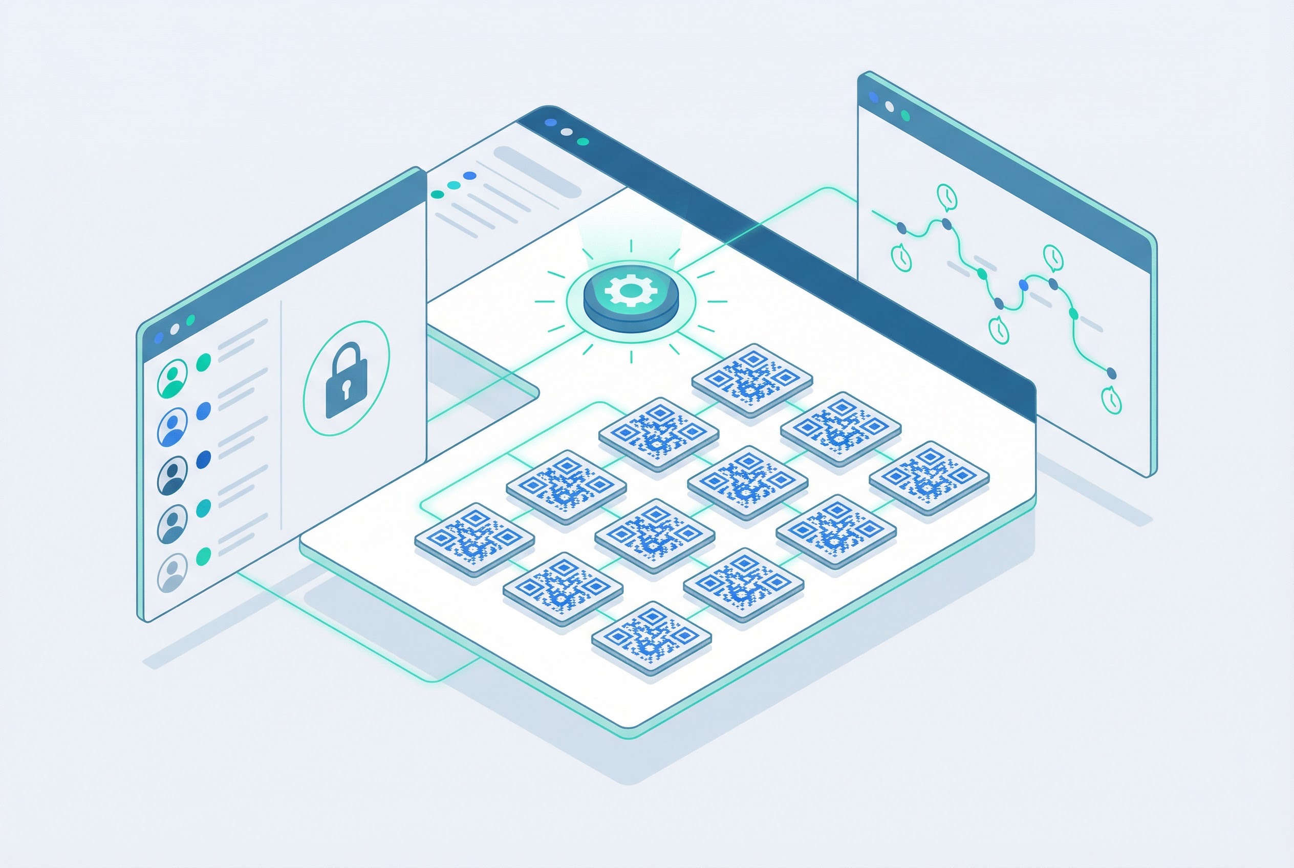 Centralized QR code management dashboard with a grid of QR codes, access control panel with lock icon, and audit trail analytics chart