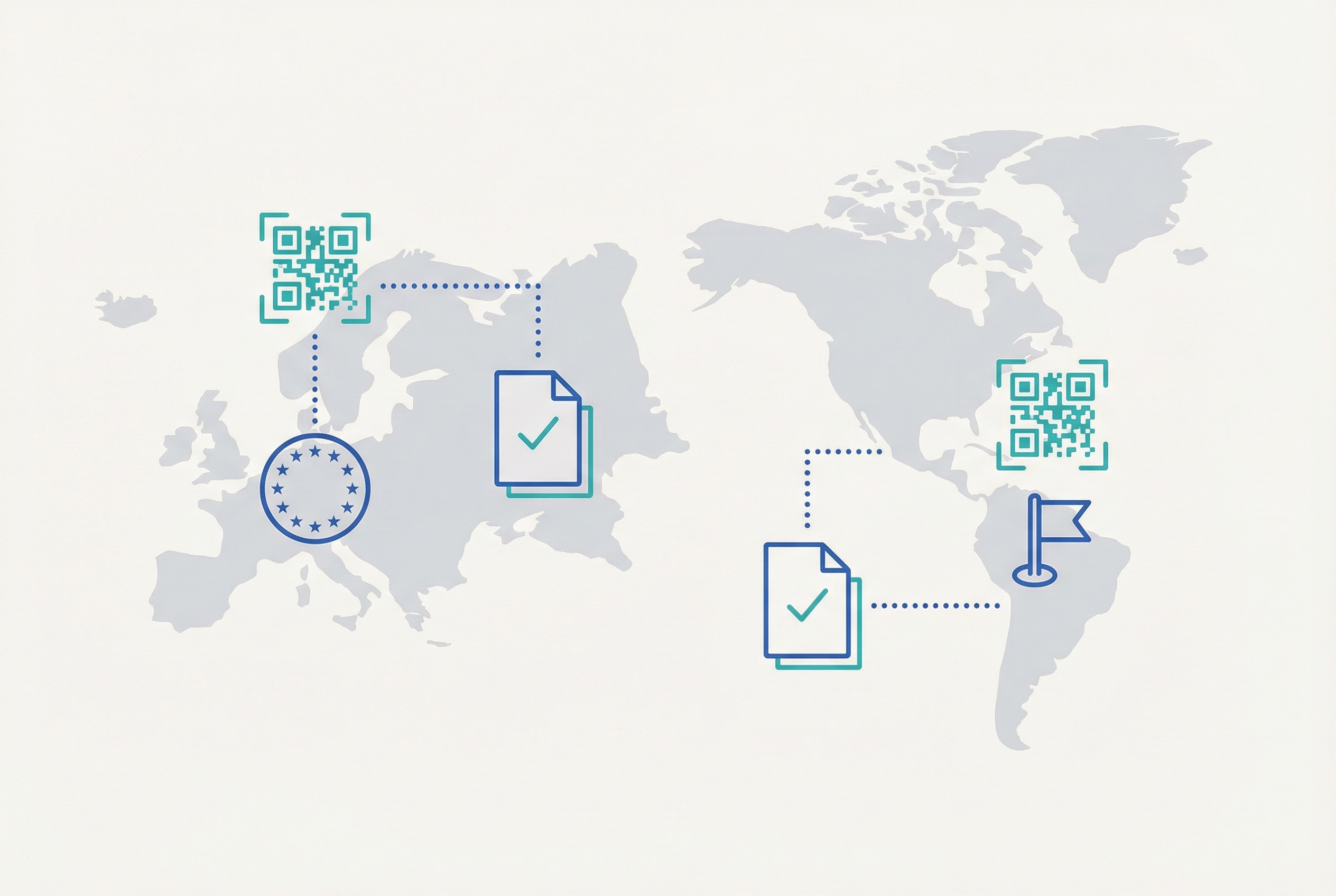 World map showing QR code compliance mandates in Europe and South America with regulatory document icons and dotted connection lines