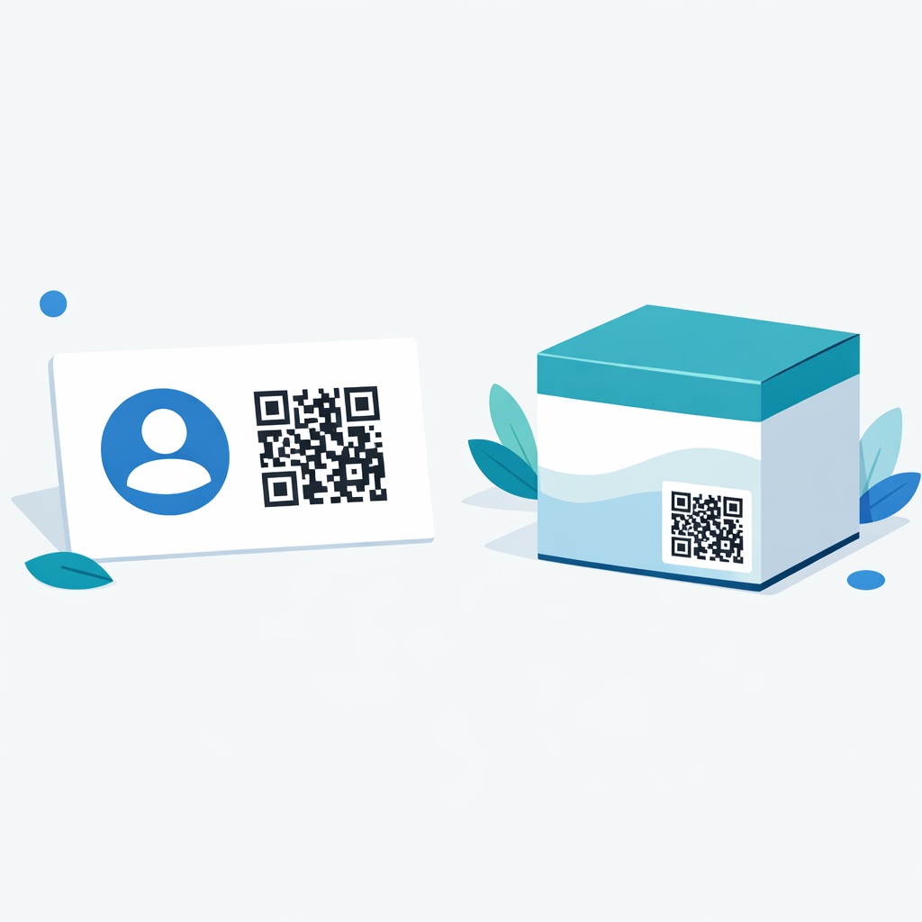 Static QR code on a business card for contact sharing and on product packaging for permanent product information