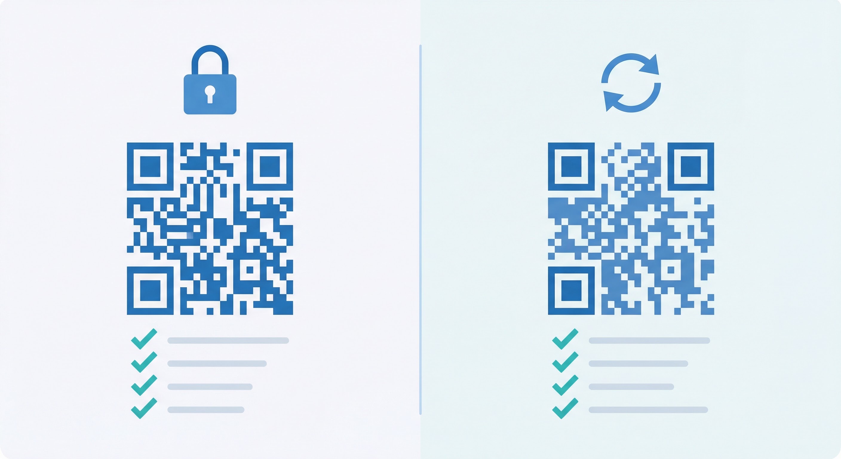 Side-by-side comparison of static QR code with lock icon showing permanent features versus dynamic QR code with refresh icon showing editable and trackable capabilities
