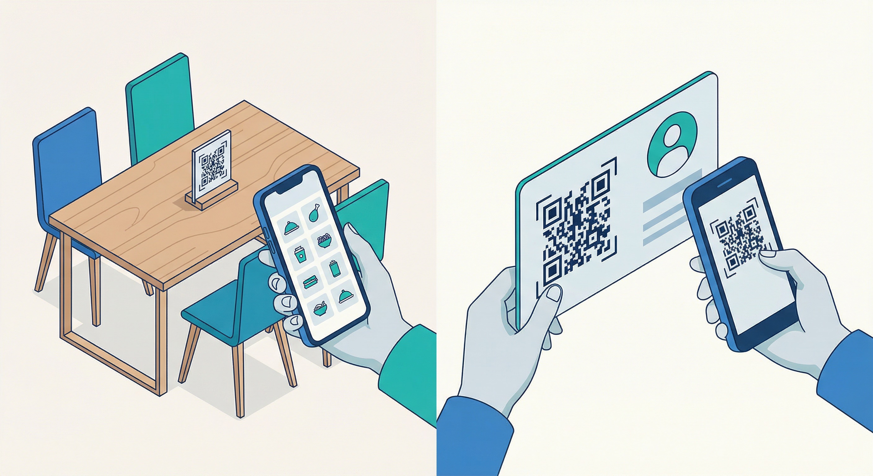 Restaurant dining table with a dynamic QR code menu stand being scanned by a smartphone, next to a professional business card with a static vCard QR code