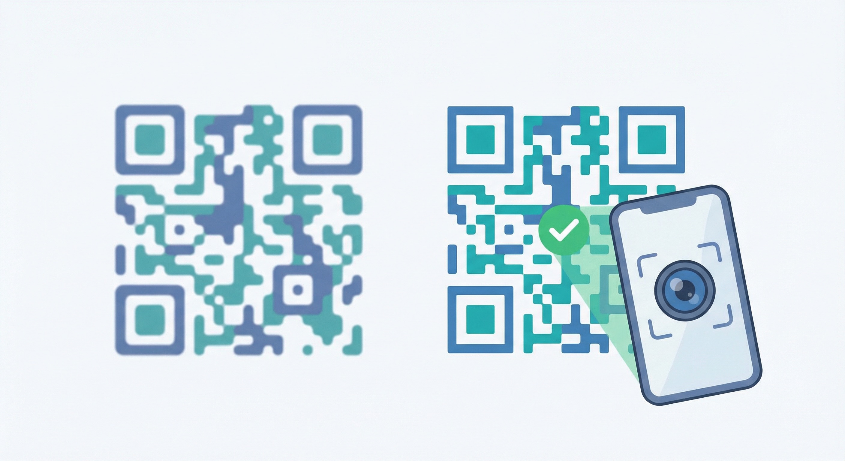 Comparison of a blurry low-DPI printed QR code versus a crisp high-resolution SVG QR code being successfully scanned by a smartphone