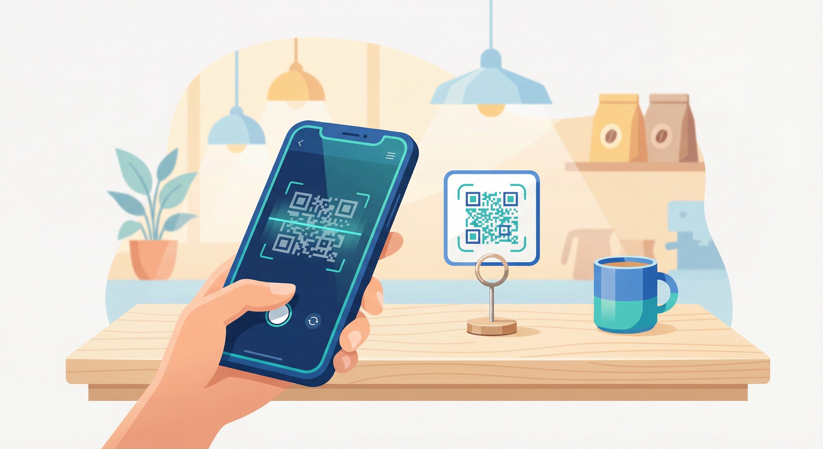 Hand holding a smartphone scanning a branded QR code on a table tent stand inside a café, with a coffee cup and warm lighting in the background