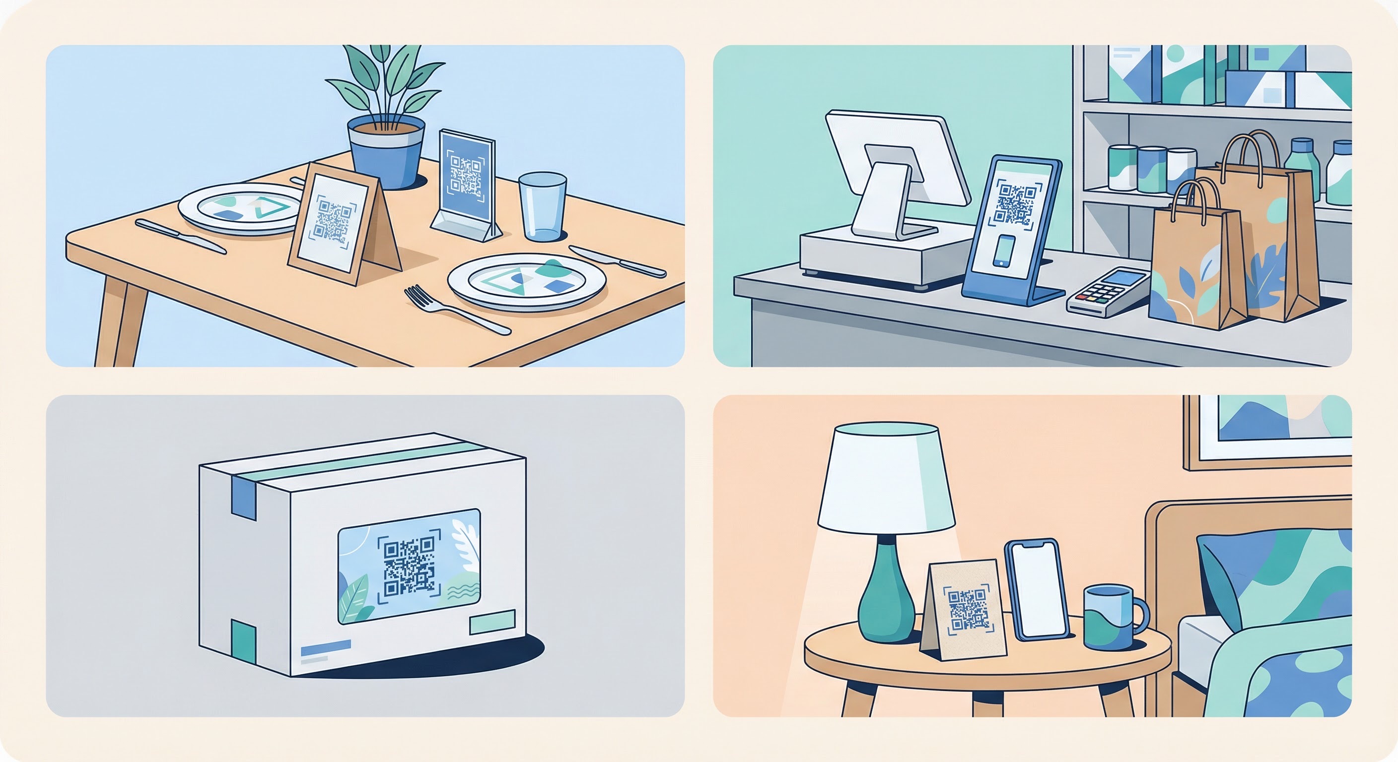 Four-panel illustration showing strategic QR code placement locations: restaurant table tent, retail checkout counter, product packaging, and hotel bedside table