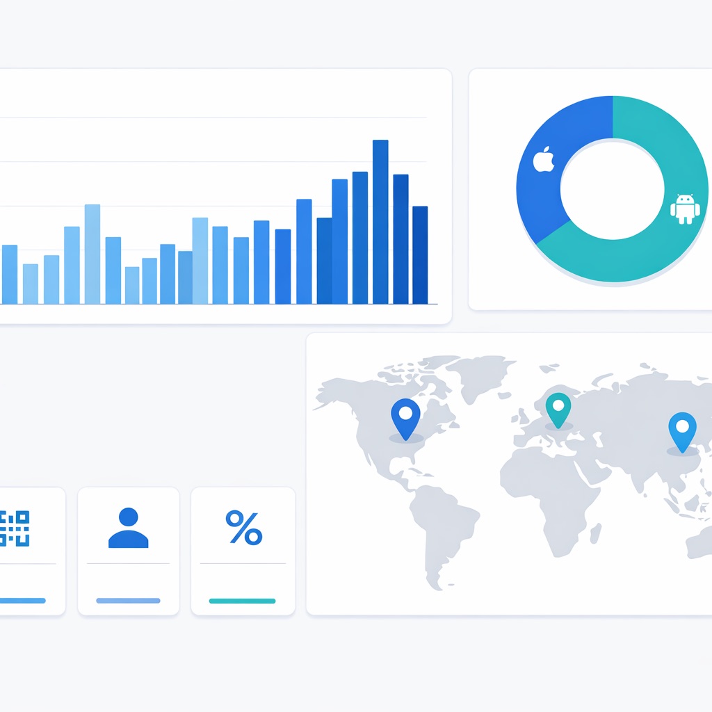 QR code analytics dashboard showing daily scan bar chart, iOS versus Android device donut chart, world map with geographic scan locations, and key metric cards for total scans and unique scanners