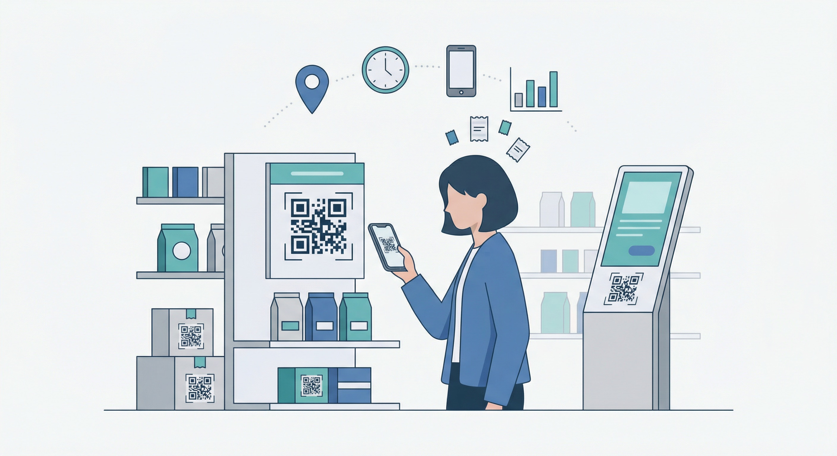 Retail store scene with a shopper scanning a QR code on a product display shelf, with data analytics icons floating above including location pin, clock, smartphone, and bar chart showing captured scan metrics