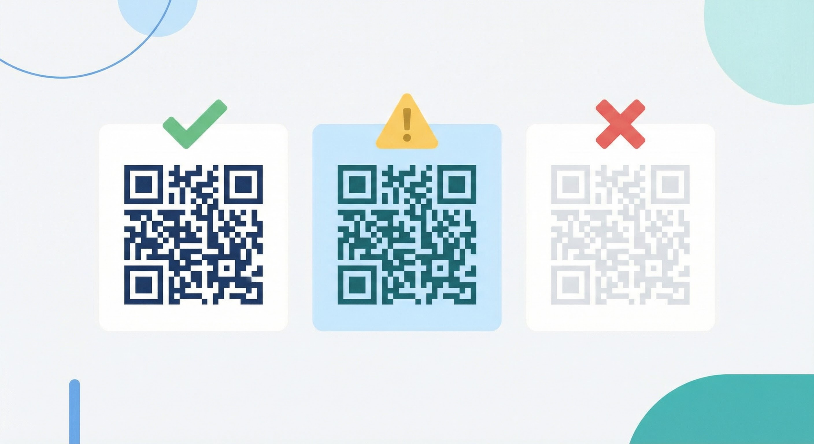 Three QR code contrast examples: high-contrast dark blue on white with a checkmark, medium contrast teal on light blue with a caution indicator, and low-contrast gray on white with a fail indicator