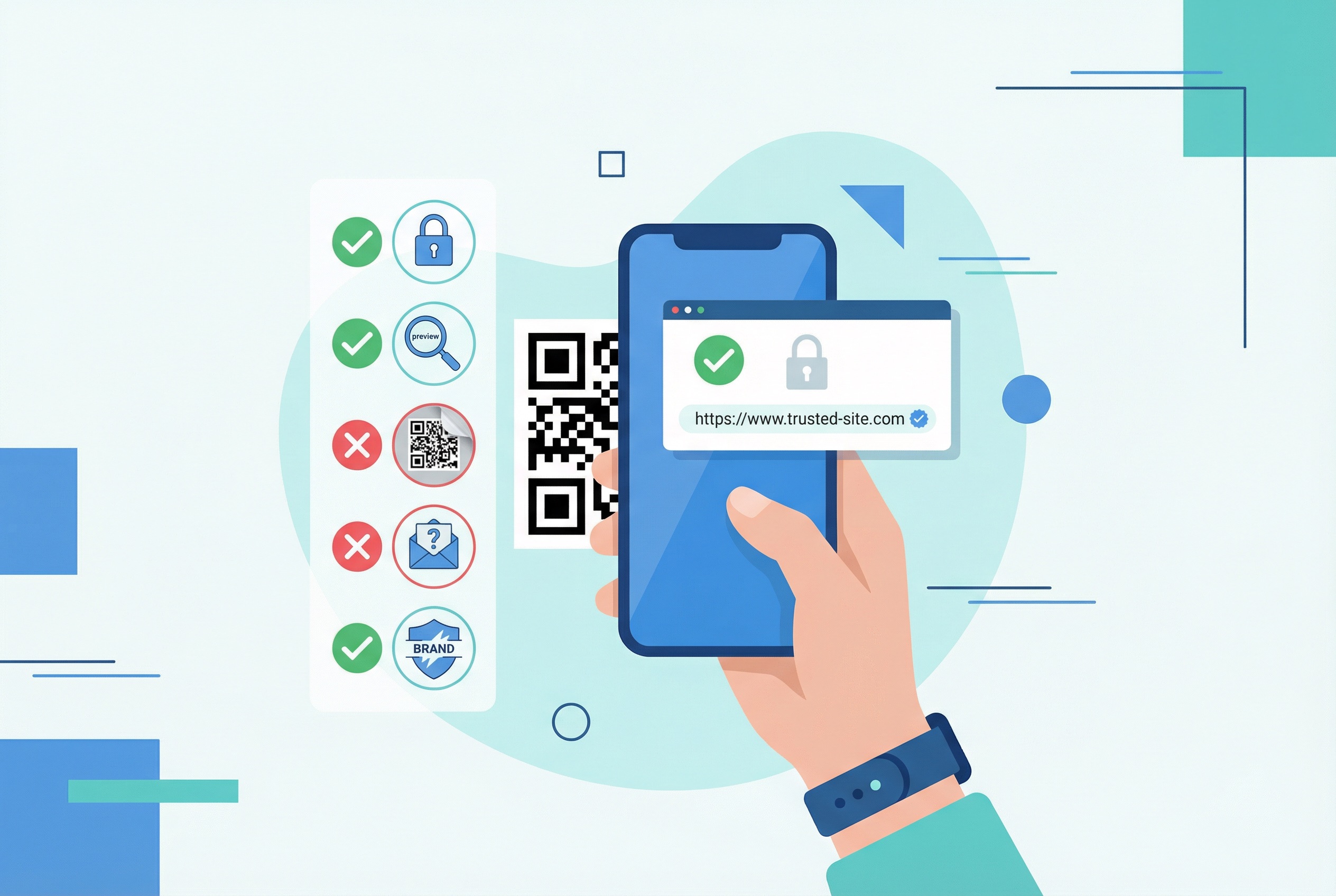Smartphone screen showing a QR code URL preview with a safety checklist overlay, illustrating best practices for safe QR code scanning