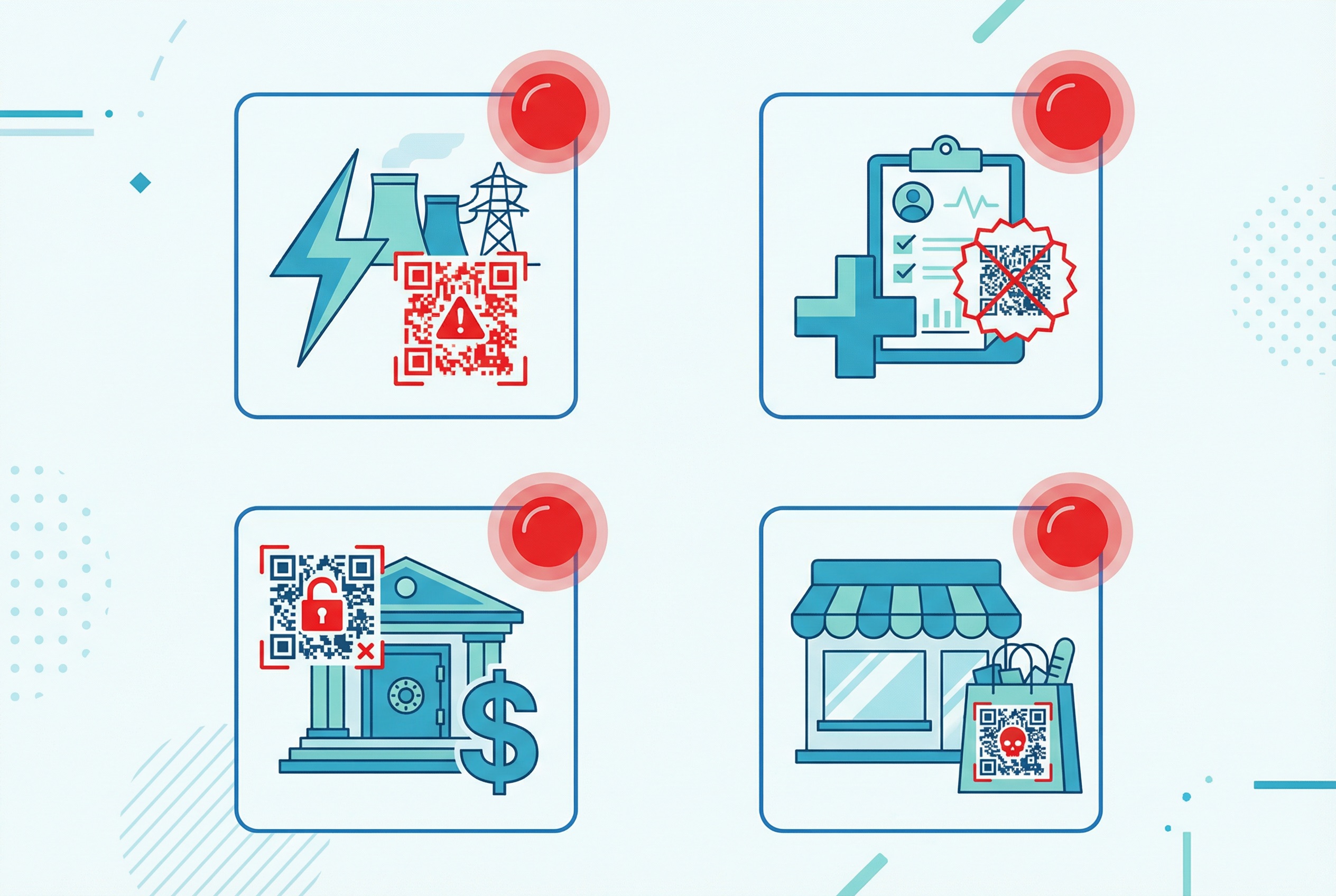 Industry icons for energy, finance, healthcare, and retail surrounded by QR code threat indicators showing the sectors most vulnerable to quishing attacks