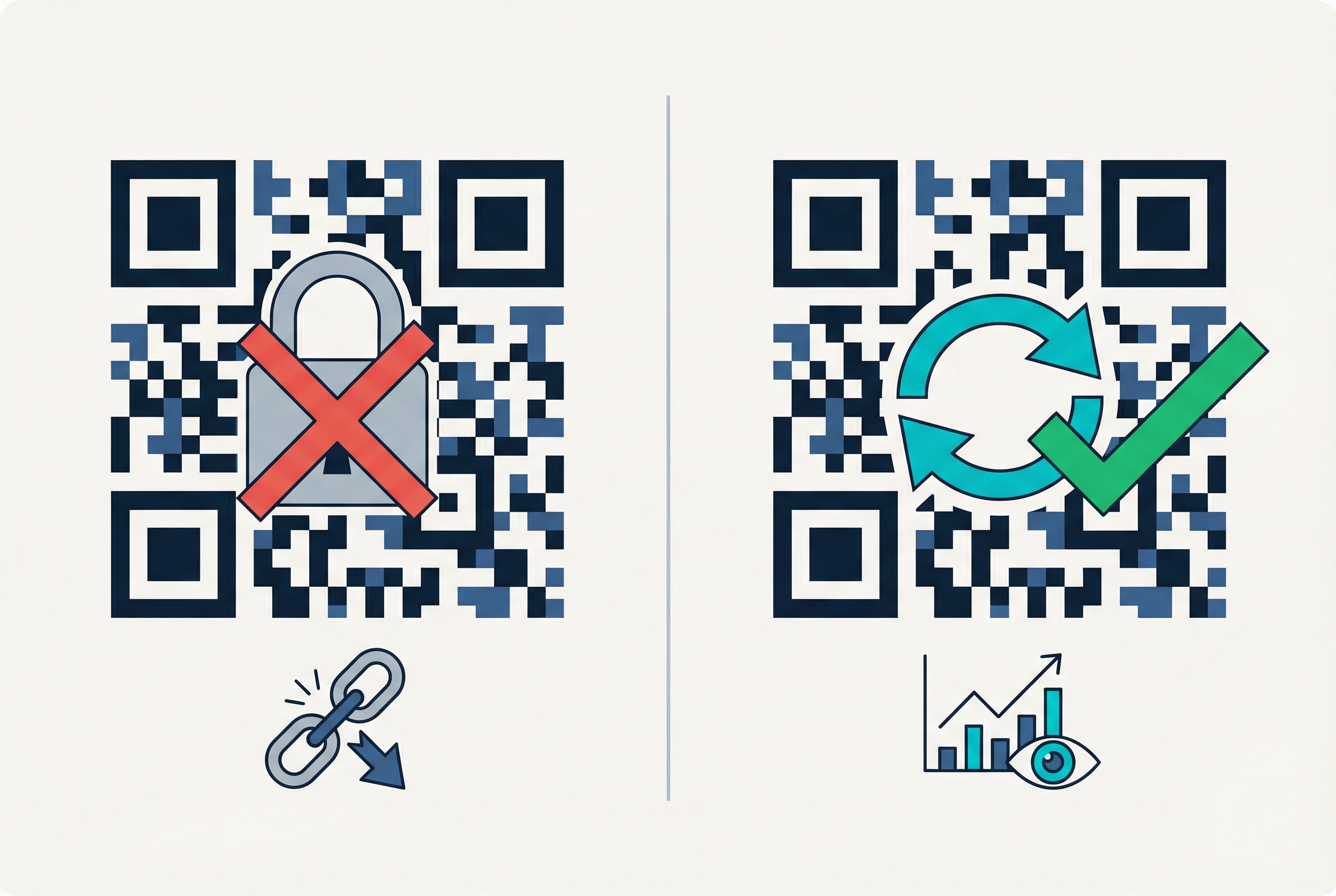 Side-by-side comparison illustration of a static QR code with a fixed lock icon versus a dynamic QR code with a redirect arrow and editable destination