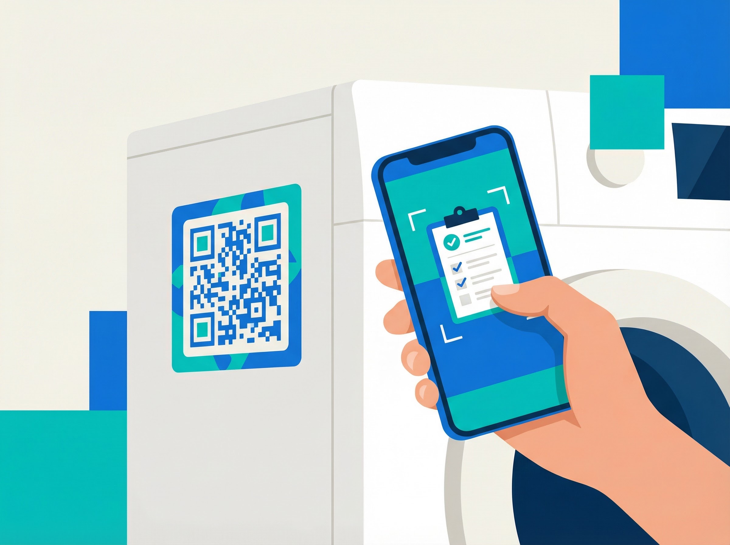 QR code label on a washing machine linking to repair history and maintenance instructions for home appliance tracking