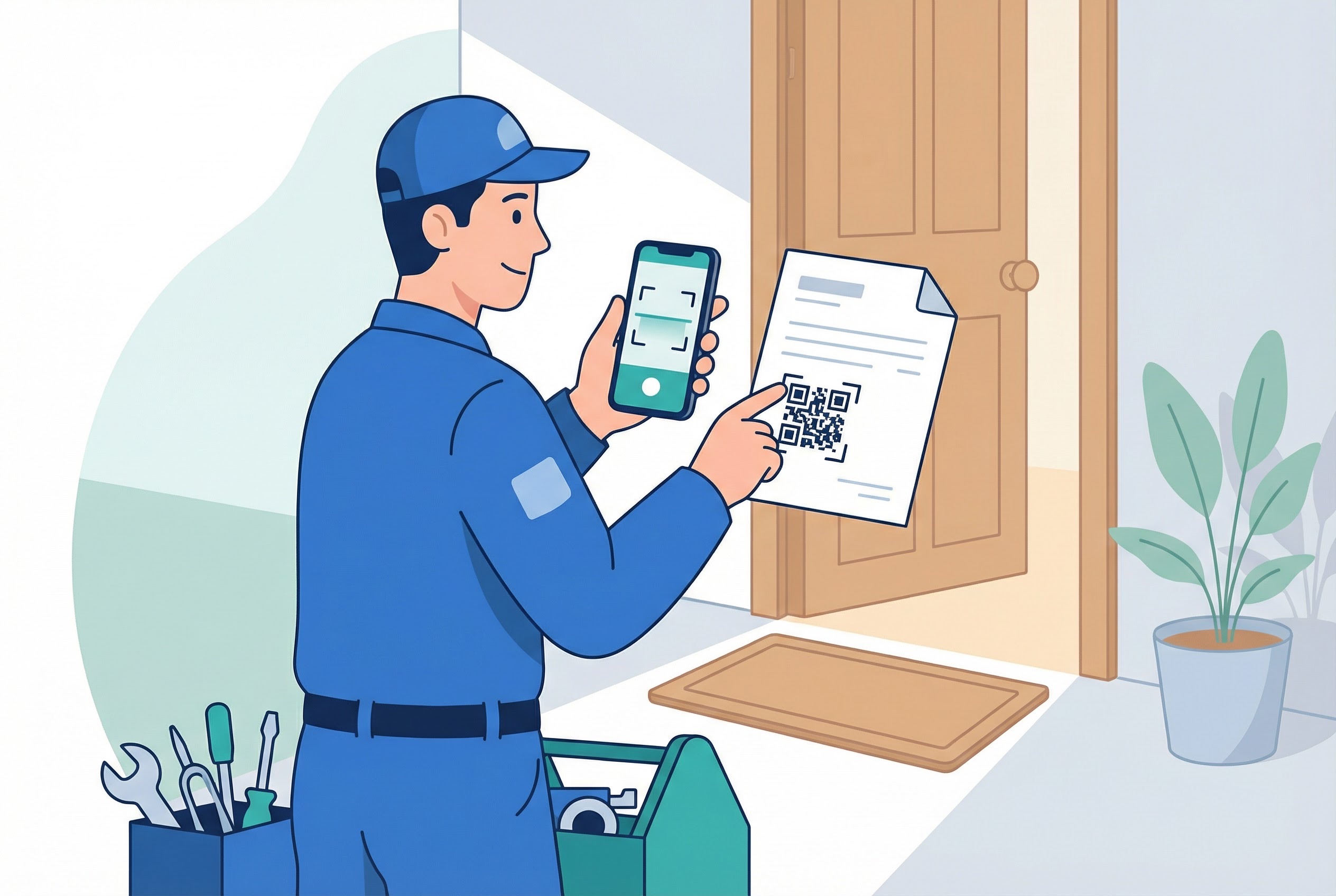 Home repair technician scanning a QR code on a service invoice for contactless payment in 2026