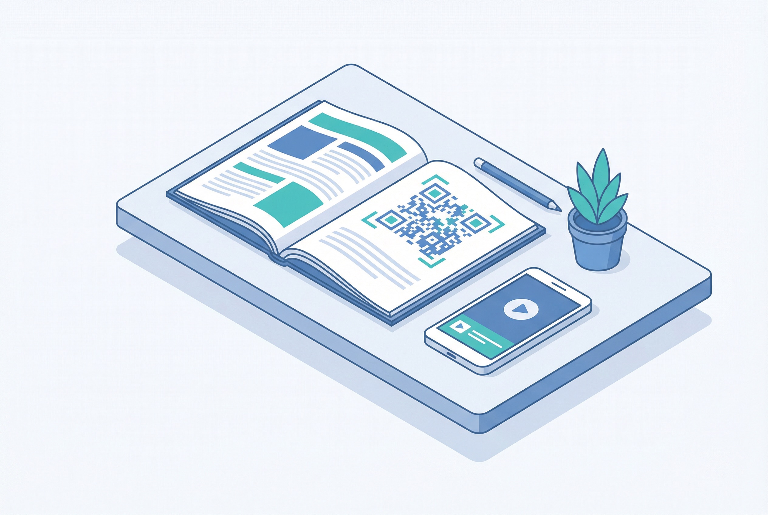 Publisher's desk showing a magazine with a QR code, a smartphone displaying video content, and teal accents illustrating digital publishing benefits