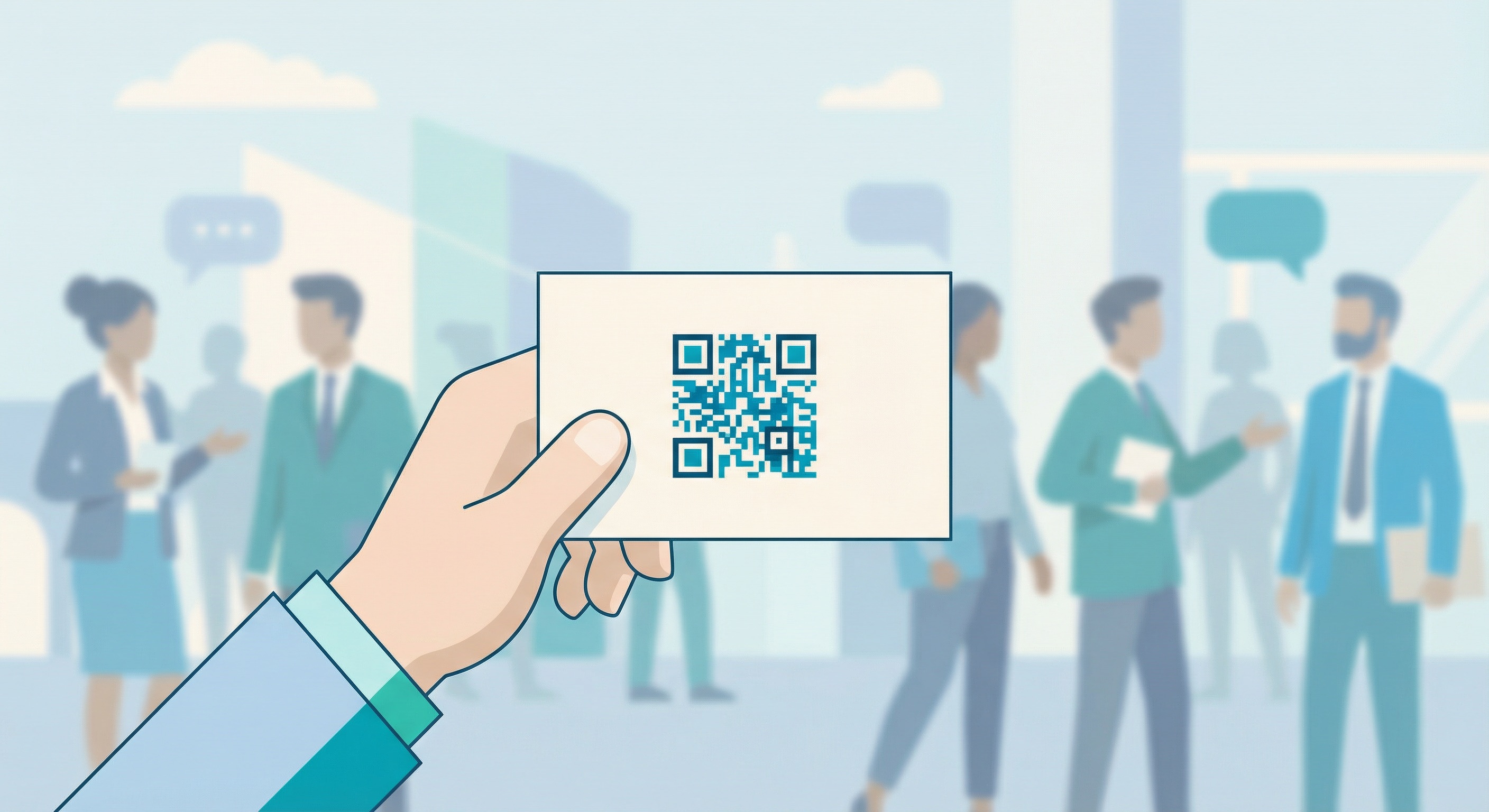 Business professional scanning a QR code on a business card at a networking event, sharing contact details instantly in 2026