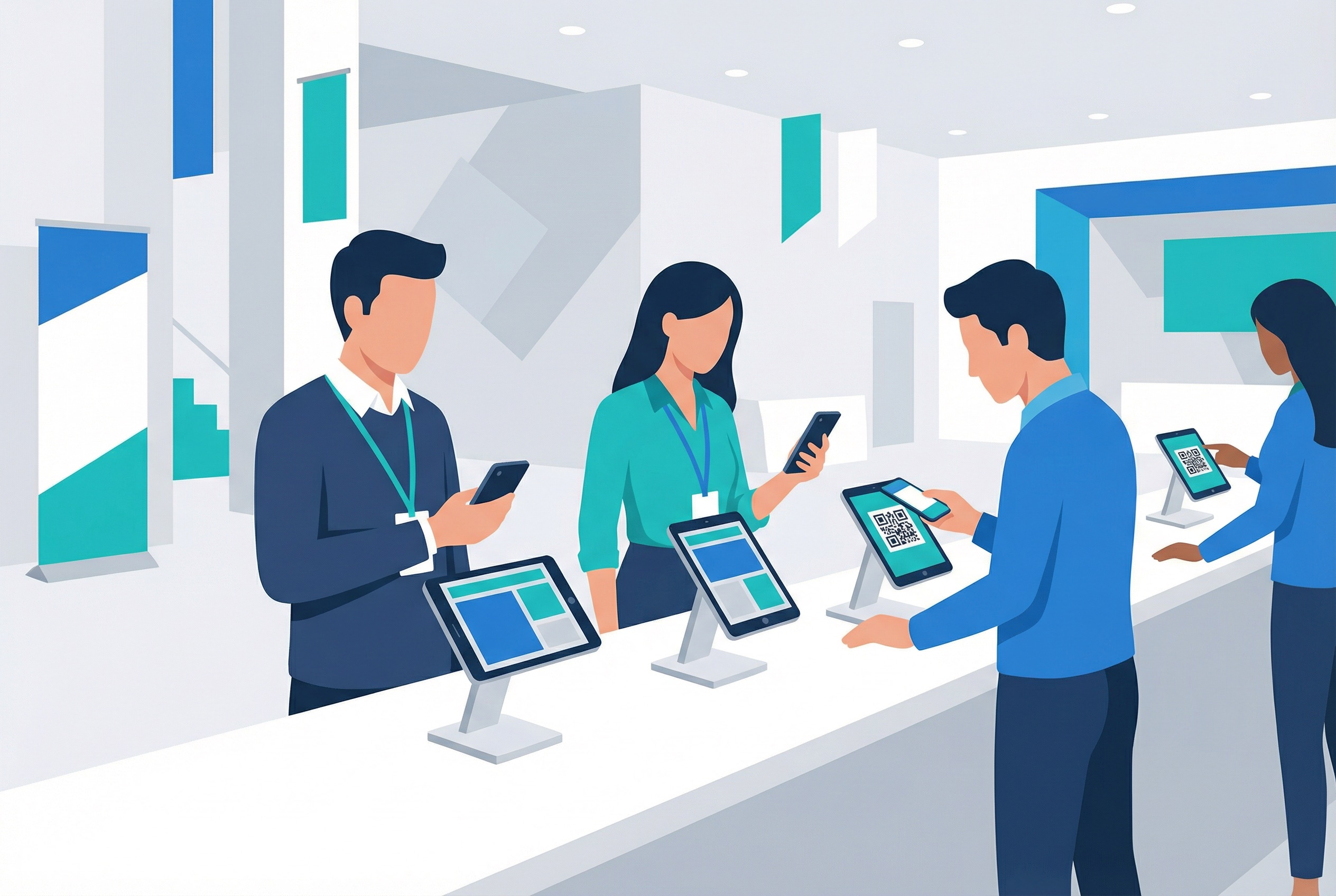 Event check-in station at a conference with staff scanning QR code tickets on attendee smartphones using tablet scanners