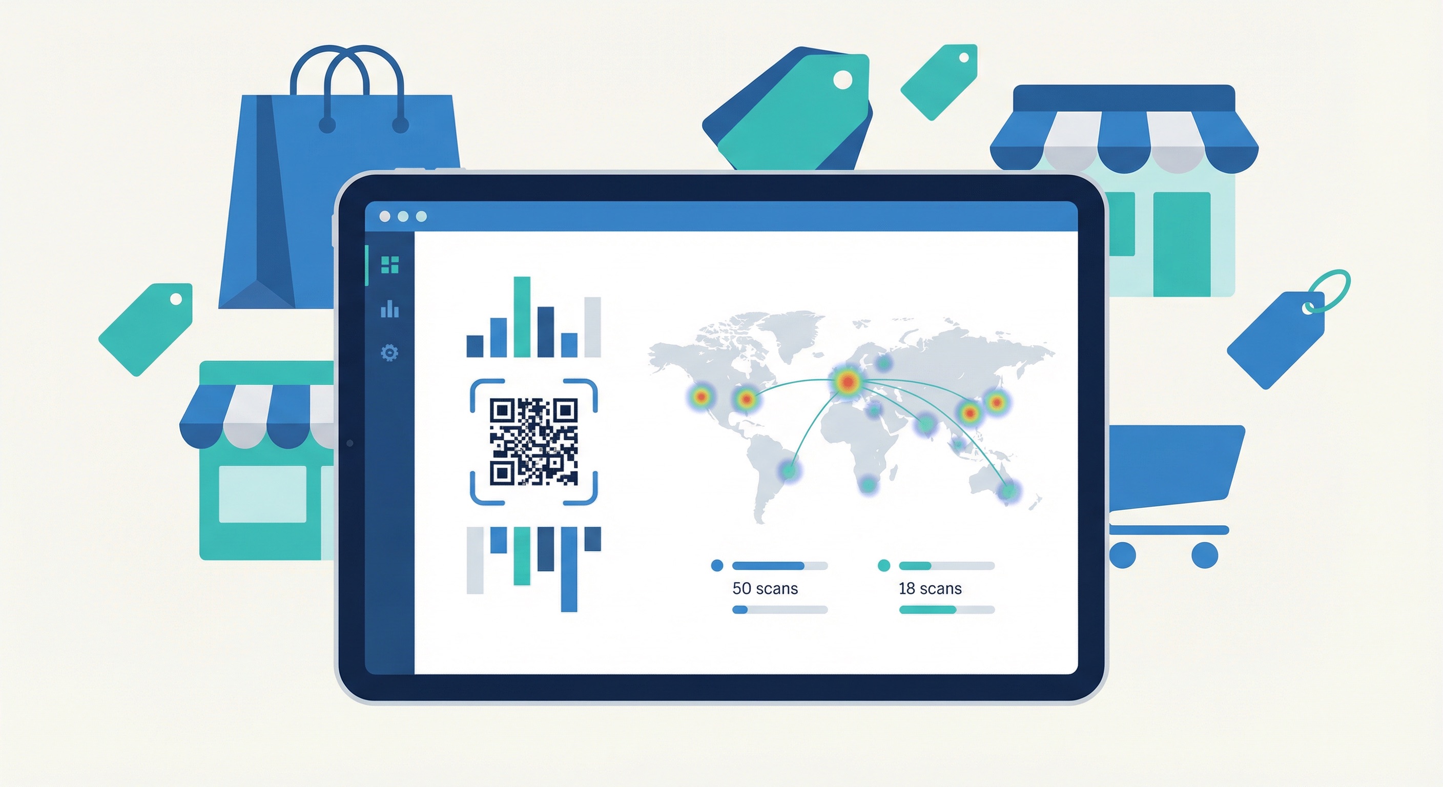 Retail QR code analytics dashboard on a tablet showing scan counts, geographic distribution, and performance charts with shopping retail icons