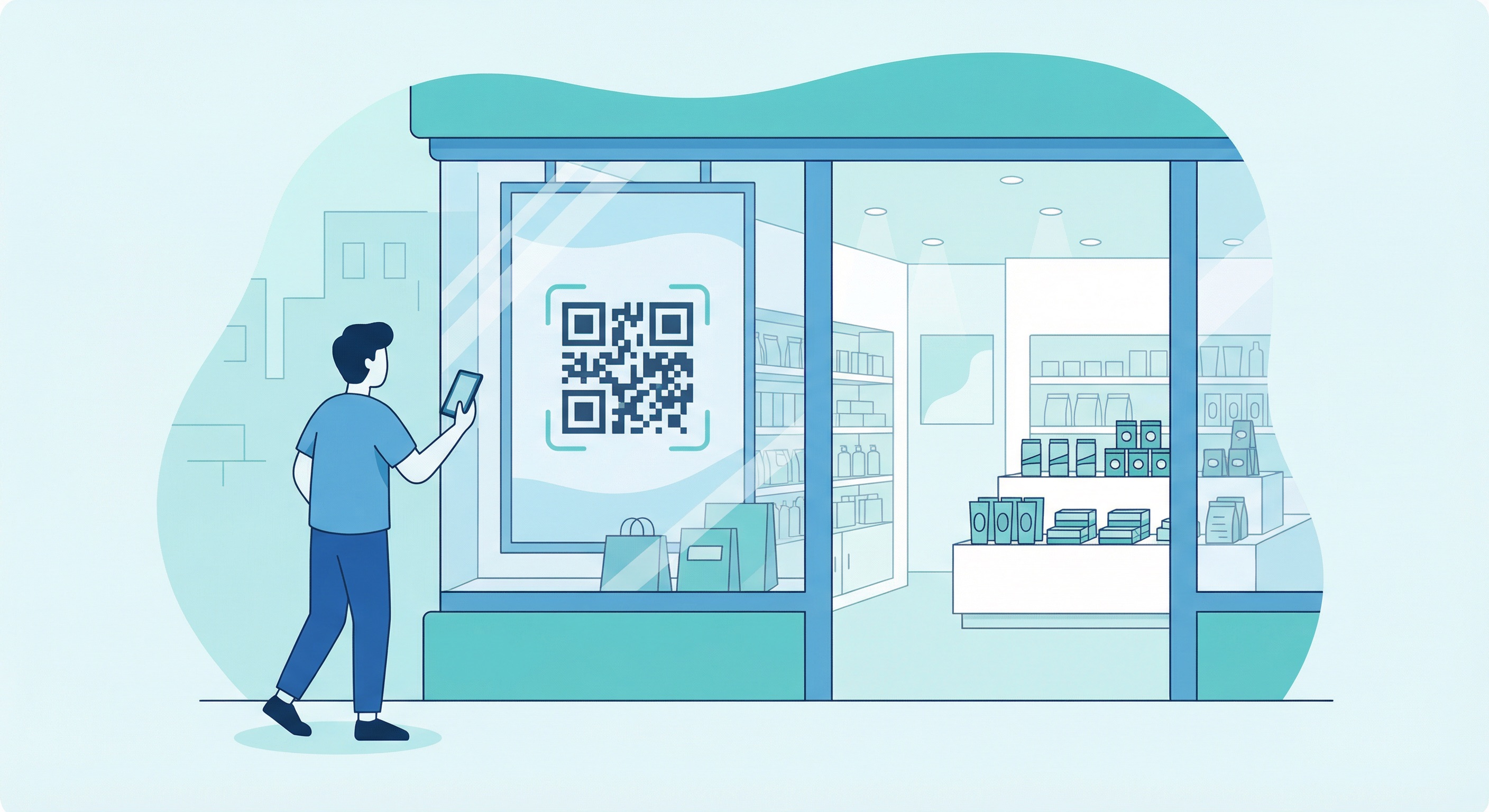Person scanning a large QR code displayed in a retail shop window, enabling after-hours product browsing and engagement