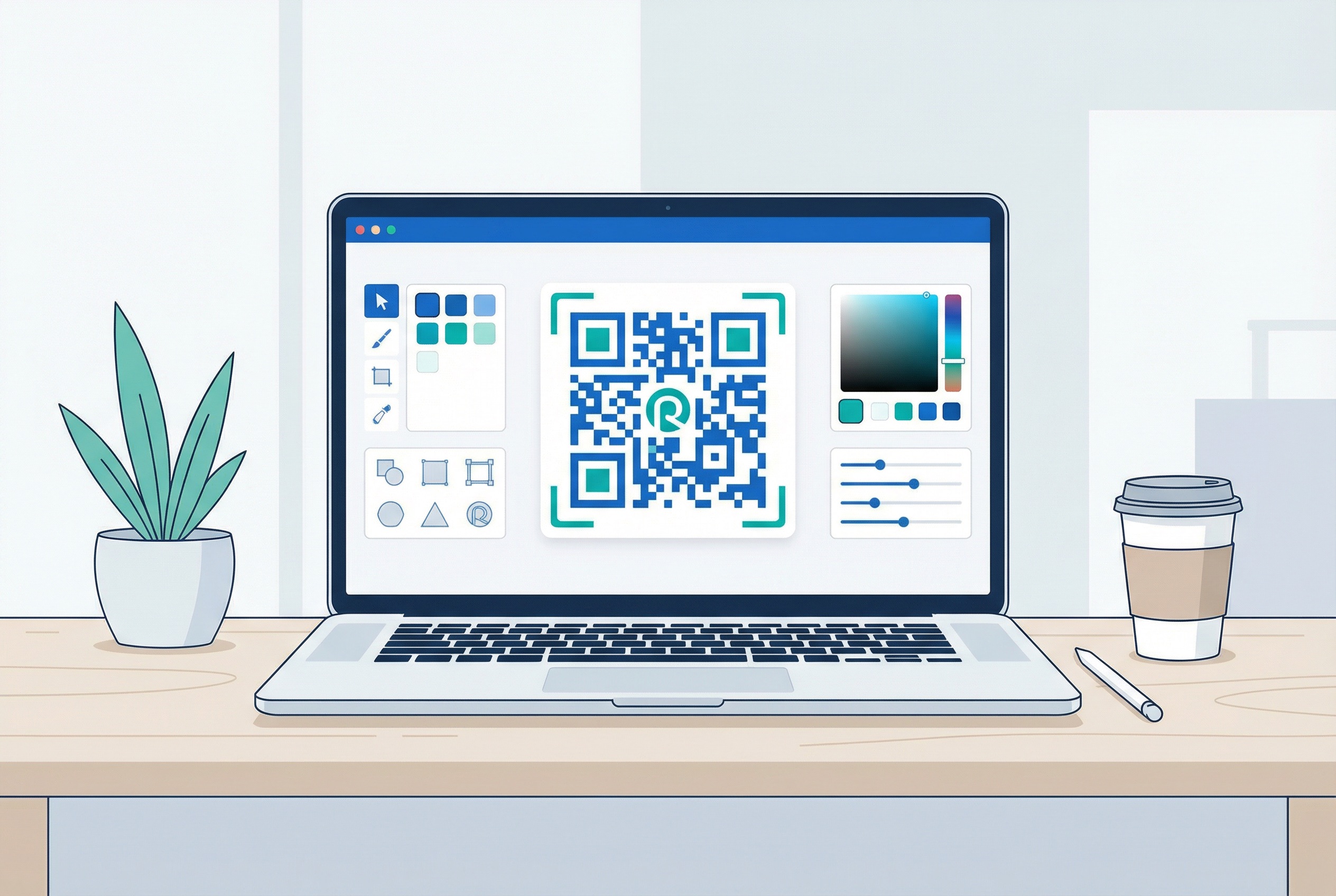 QR code generator dashboard interface showing design customisation tools for creating a branded trade show QR code on a laptop screen