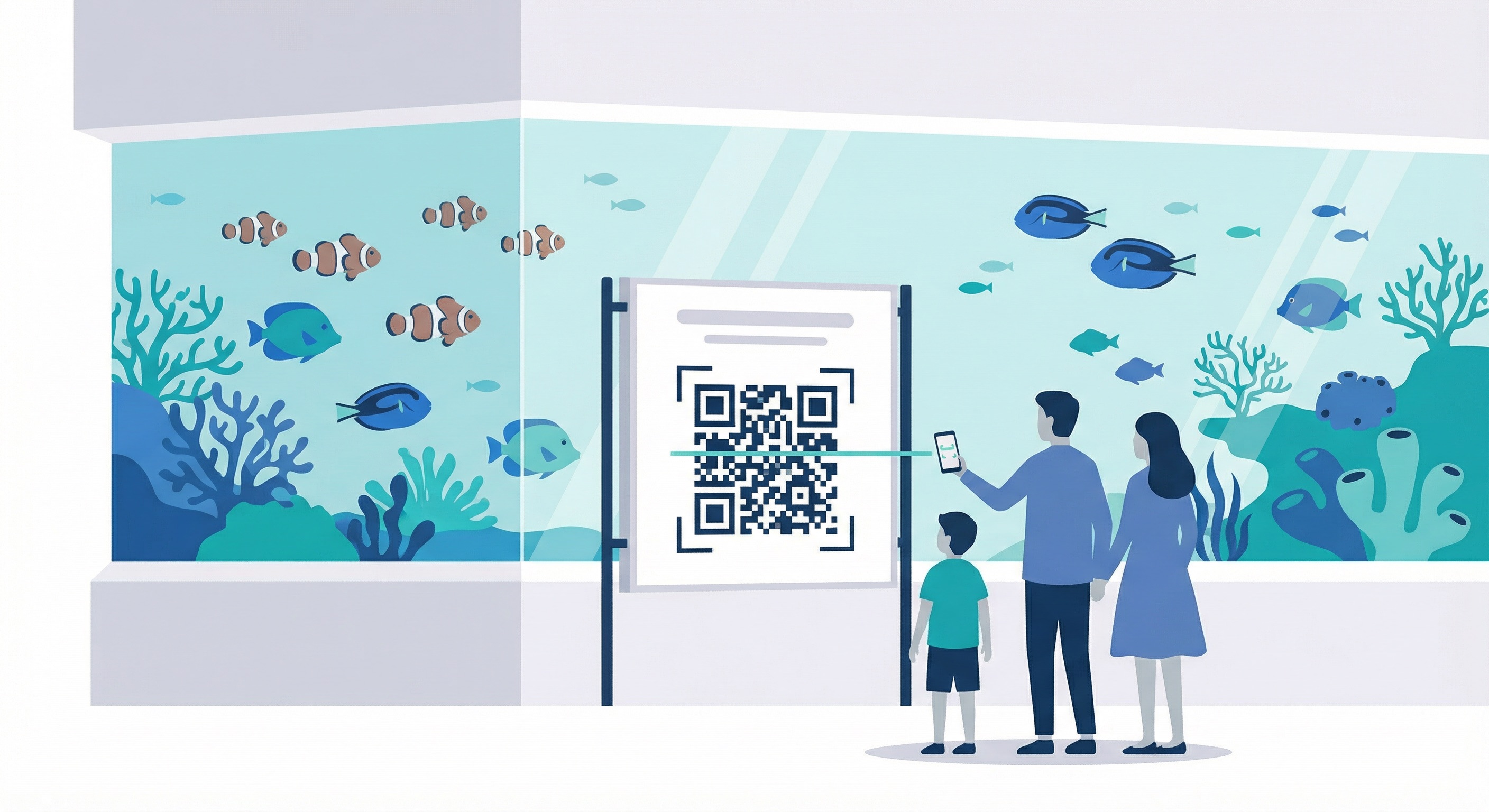 Family at an aquarium scanning a QR code on a habitat information board with colourful fish in the tank behind them