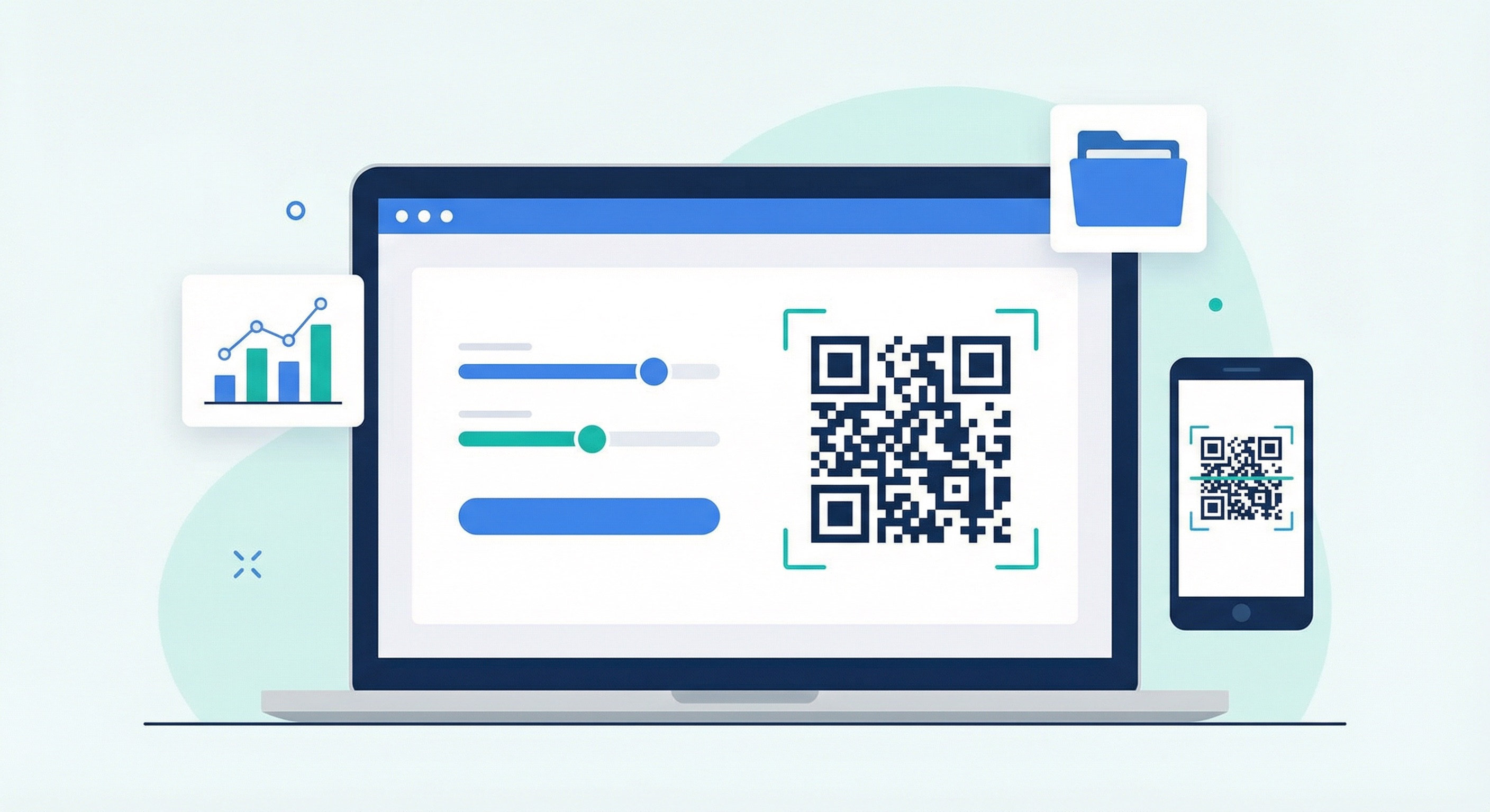 Supercode QR code generator dashboard on a laptop screen showing design customisation sliders, a QR code preview, and a smartphone scan test alongside analytics and folder icons