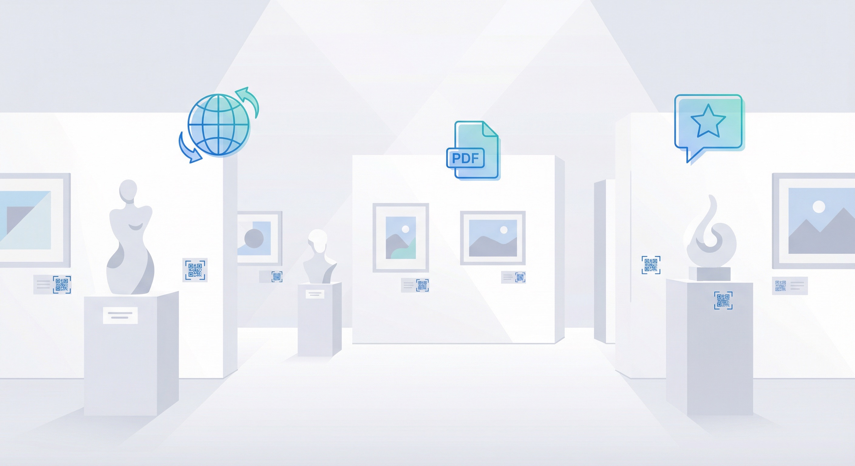 QR code signs placed on museum exhibit pedestals throughout a gallery, with icons representing multilingual support, PDF guides, and visitor feedback