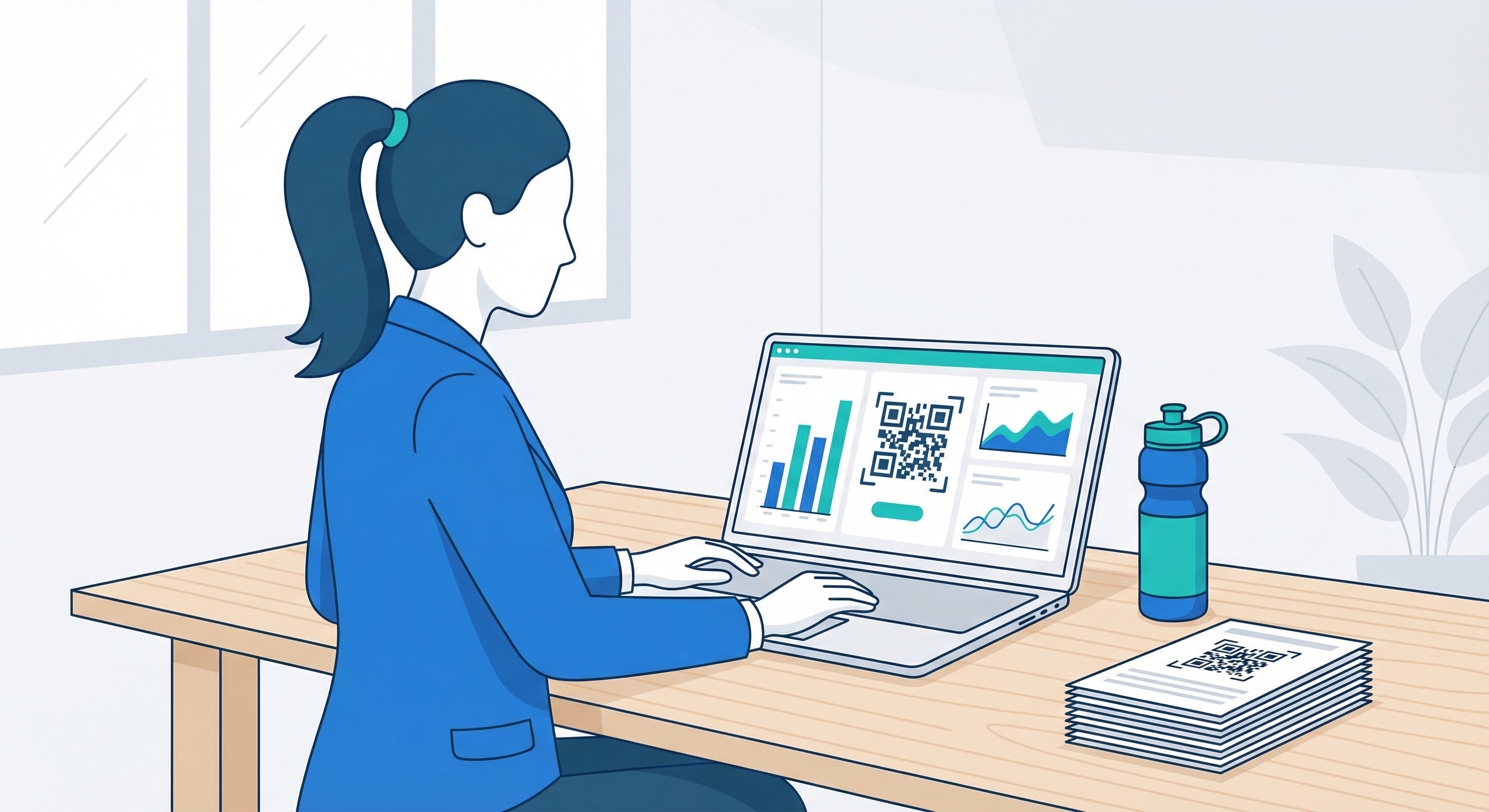 Gym manager reviewing QR code scan analytics dashboard on laptop next to branded gym water bottle and printed marketing flyers