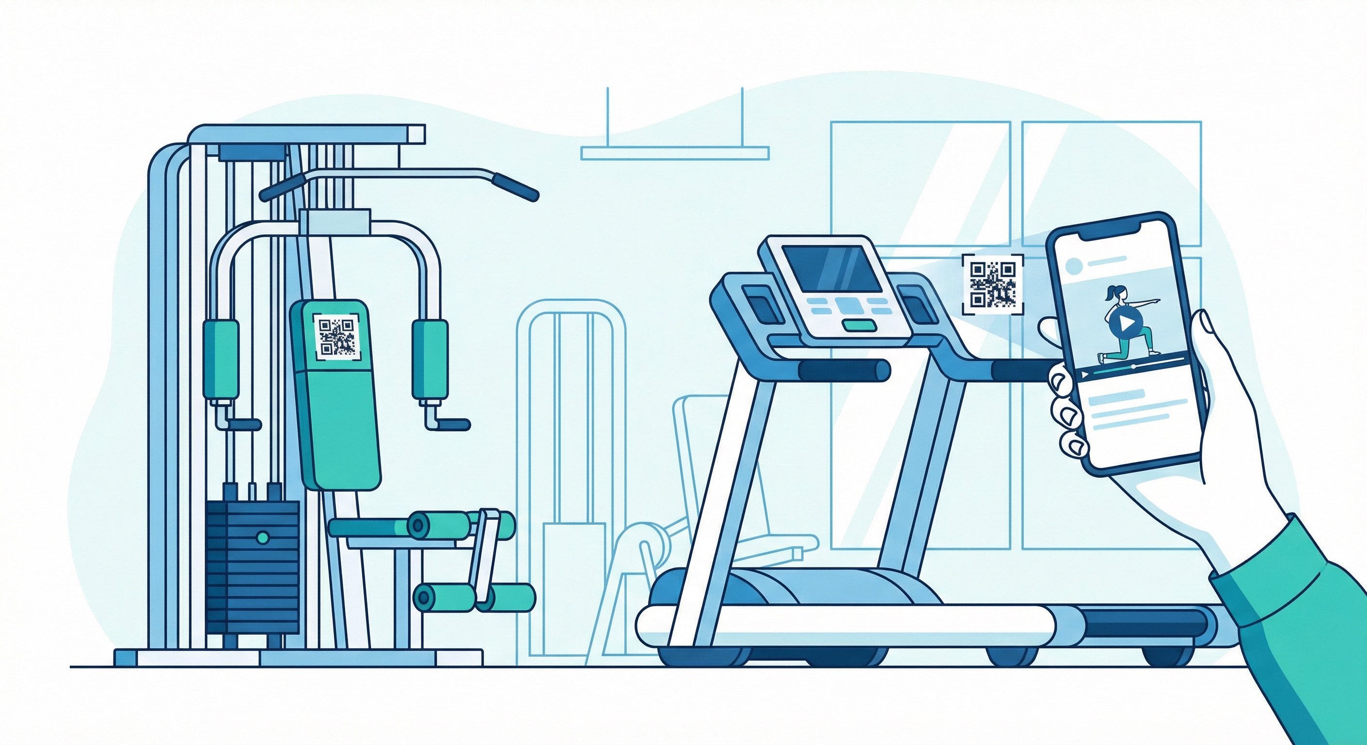 QR code sticker on gym treadmill and weight machine with member scanning for workout tutorial on smartphone