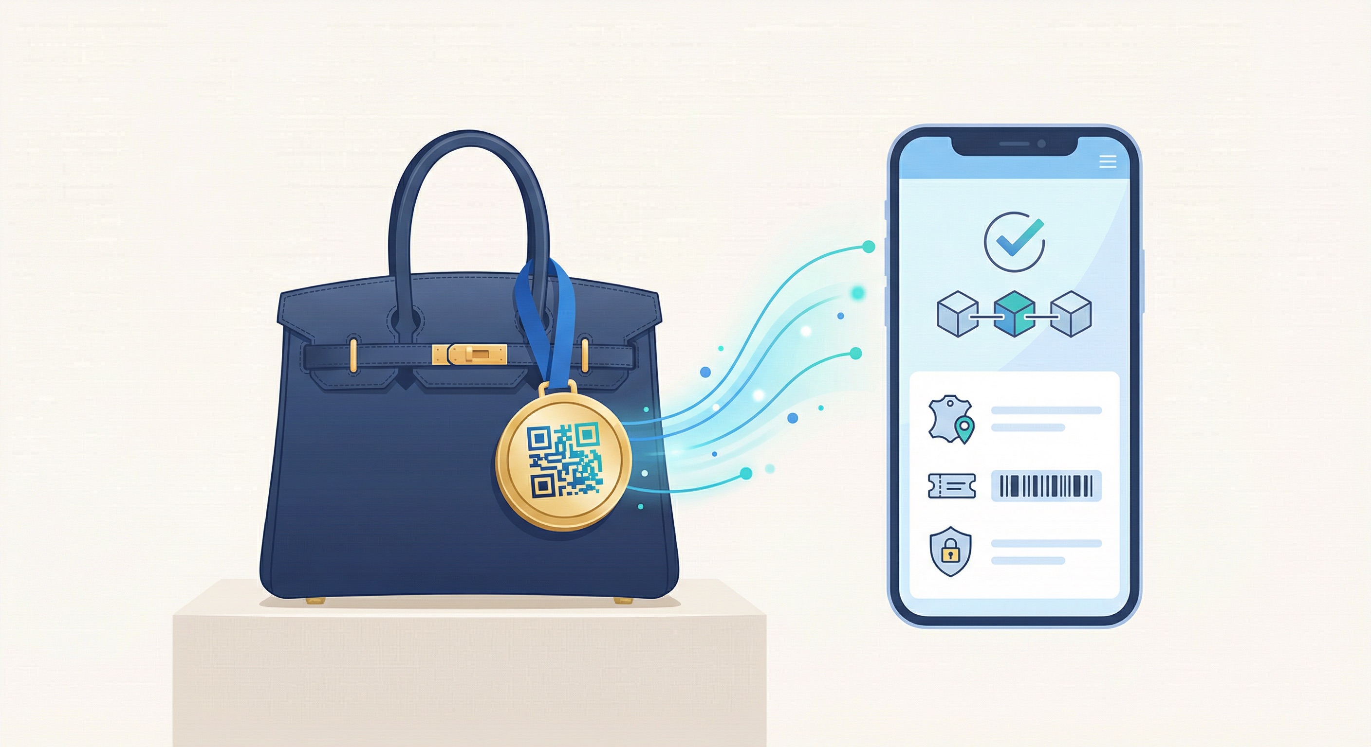 QR code authentication tag on a luxury handbag linking to a digital product passport verification page on a smartphone