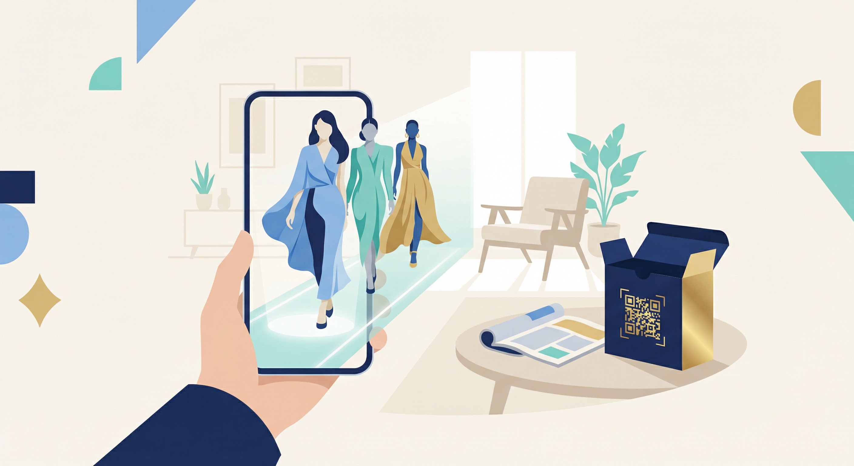 Smartphone showing augmented reality luxury fashion show experience triggered by scanning a QR code on product packaging