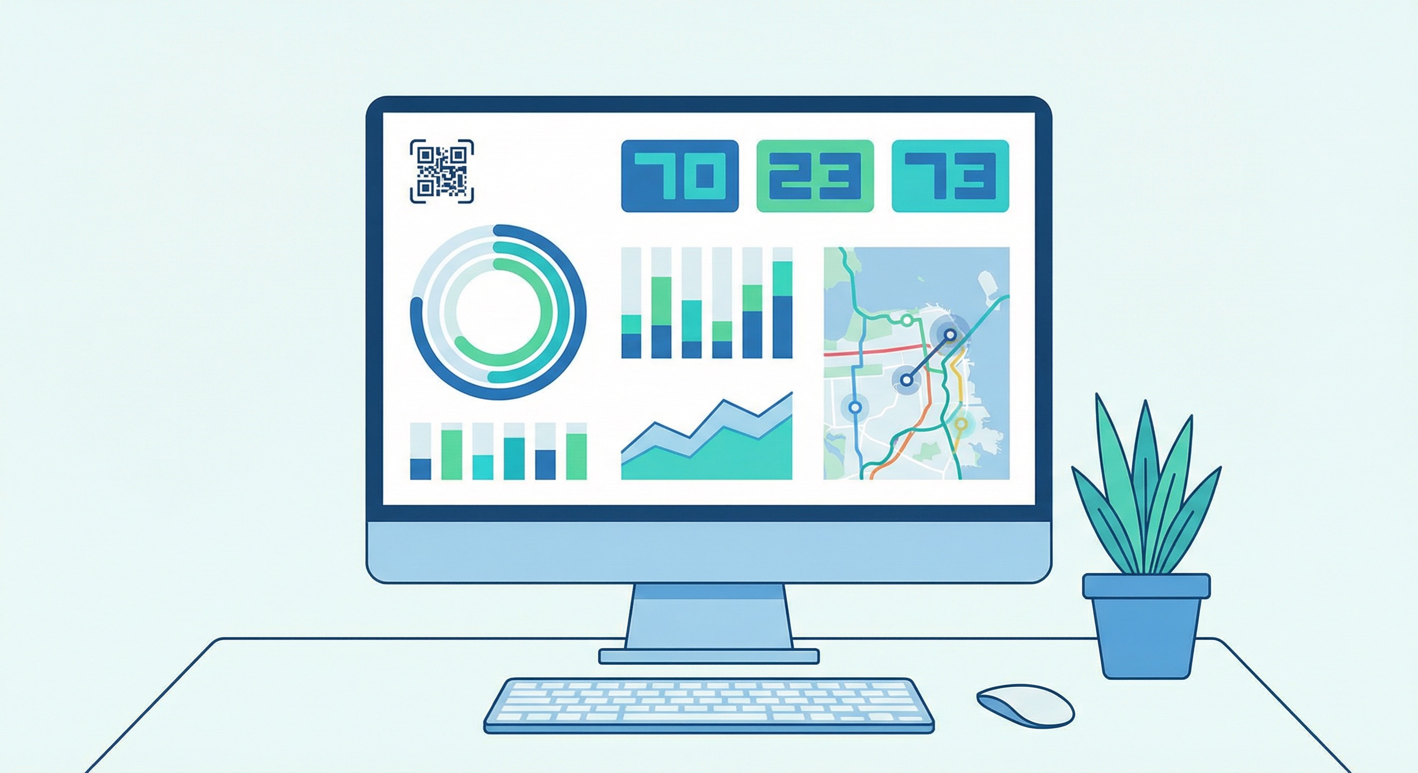 Supercode analytics dashboard showing QR code scan data including location map, scan volume charts, and device breakdown for a public transport campaign