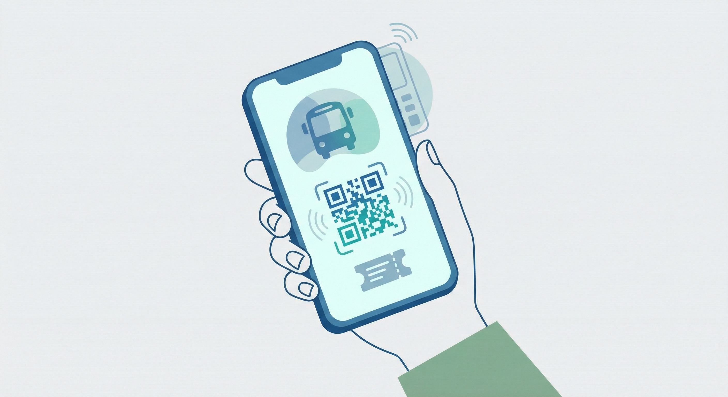 Passenger holding smartphone displaying a QR code digital bus ticket for contactless fare payment at a transit turnstile