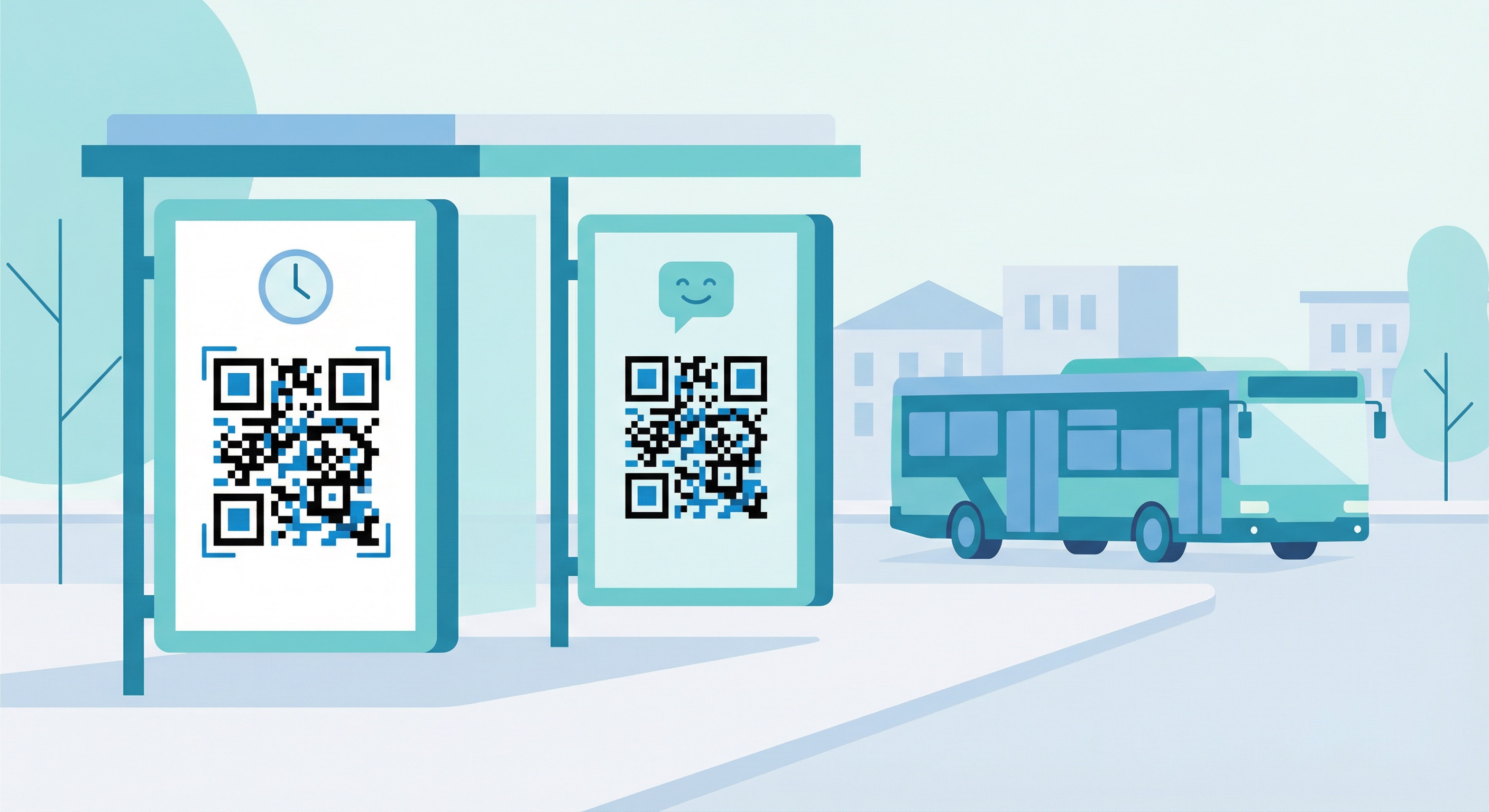 Smart bus stop shelter displaying two QR codes on illuminated panels for real-time departure information and passenger feedback, with a city bus visible in the background