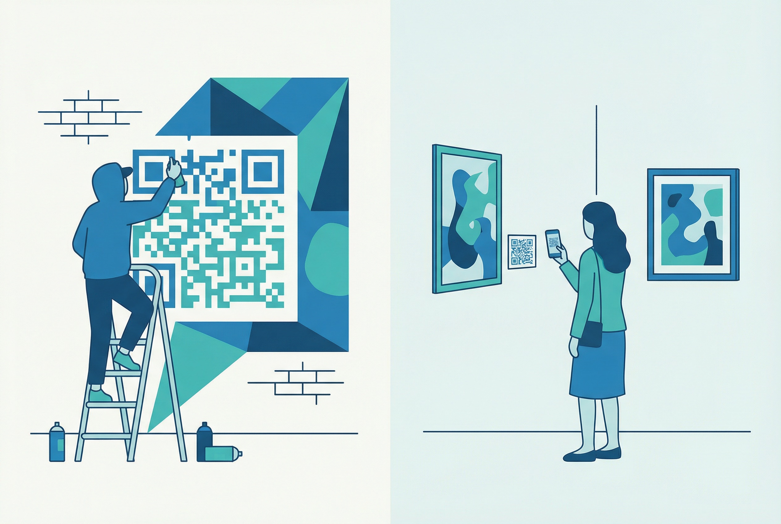 Street artist painting a mural with integrated QR code design on a brick wall, and a gallery visitor scanning a QR code label beside an artwork