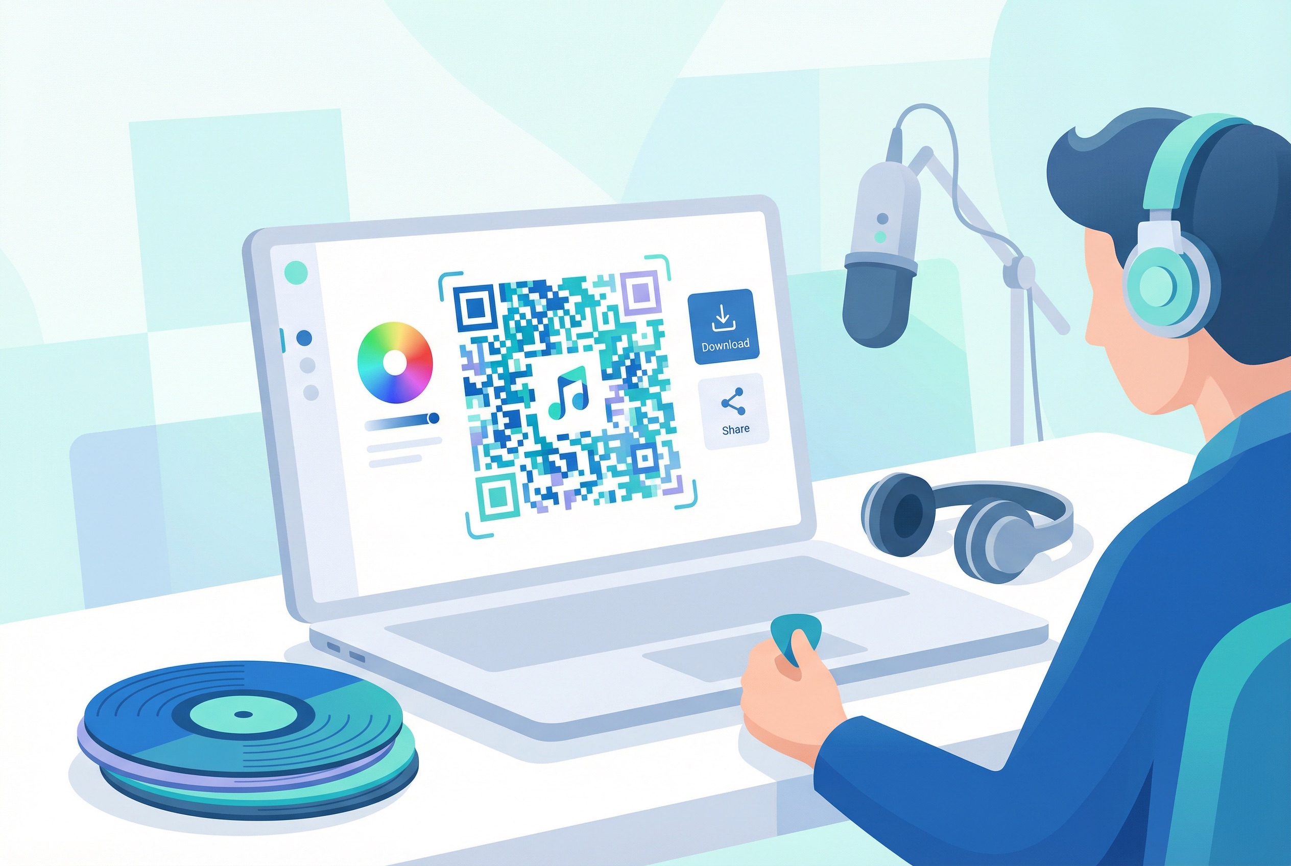 Musician using the Supercode QR code generator on a laptop to create a custom designed QR code with music note logo and brand colours