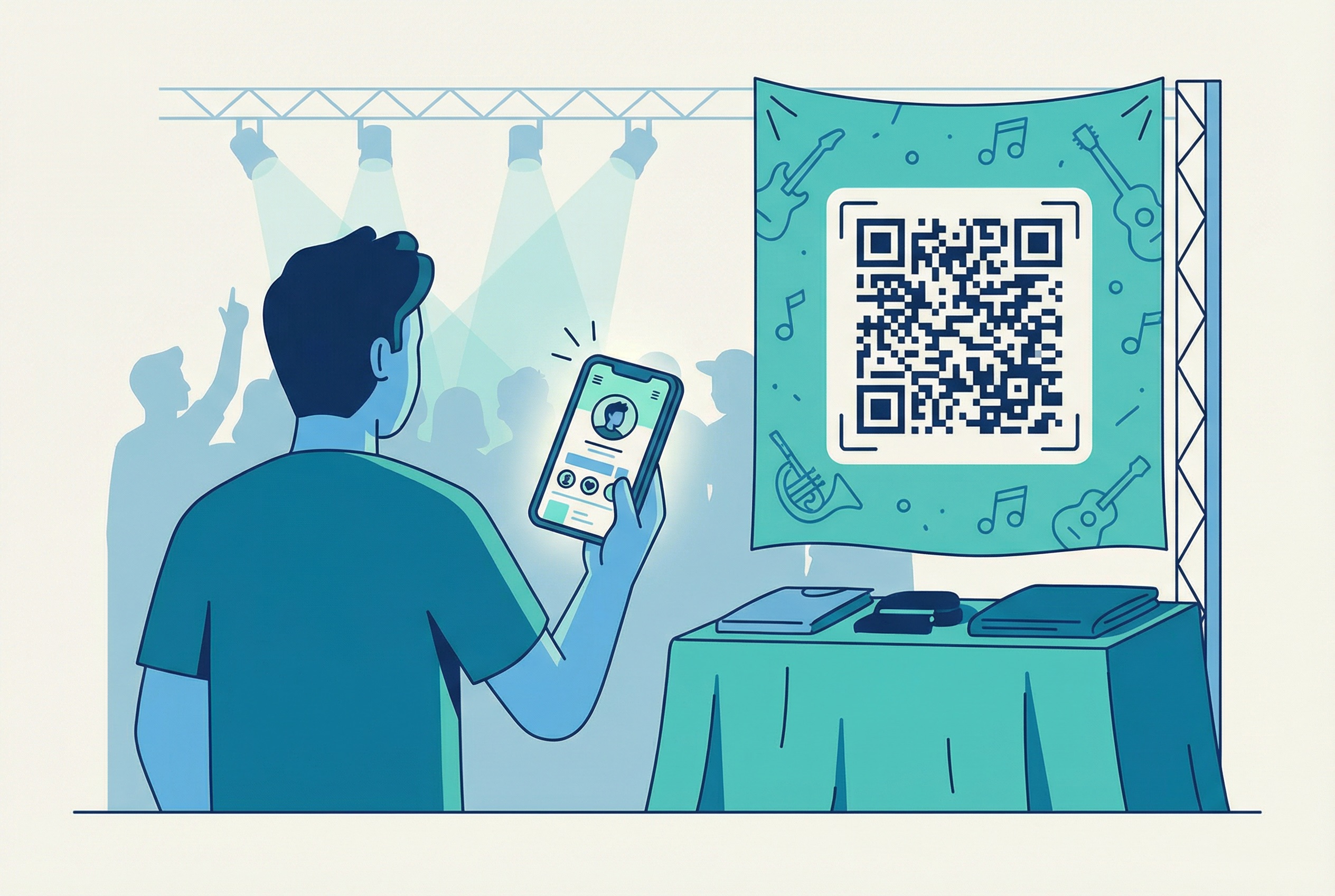 Fan at a live concert scanning a QR code on a merch table banner with smartphone to follow the artist on social media