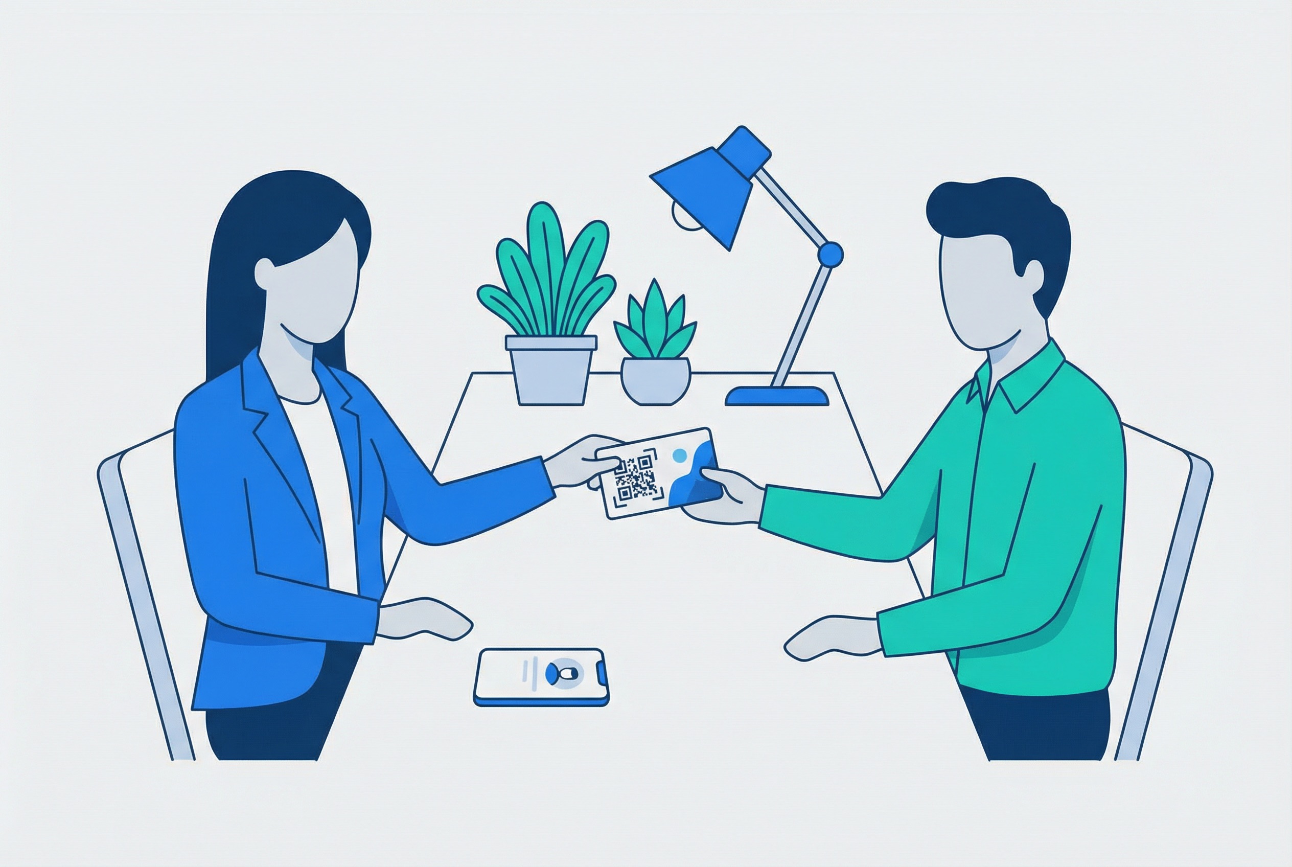 Financial advisor sharing a QR code business card with a client for digital contact sharing in the finance sector