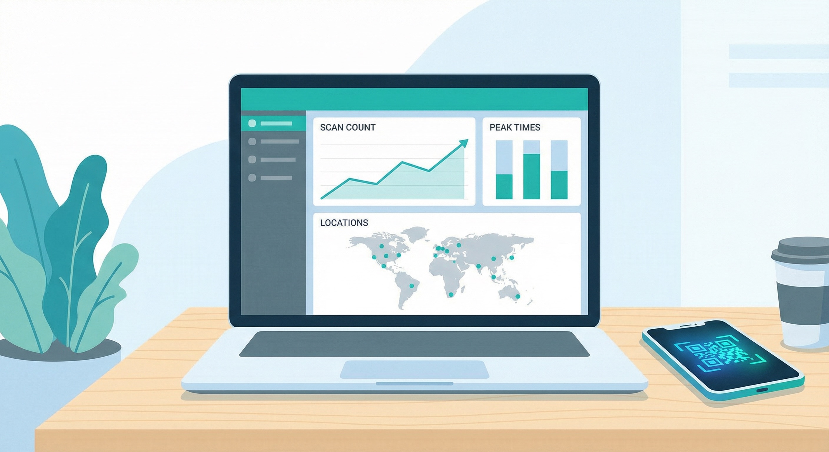 Supercode QR code analytics dashboard showing scan counts, peak times and geographic location data for a hotel QR code campaign